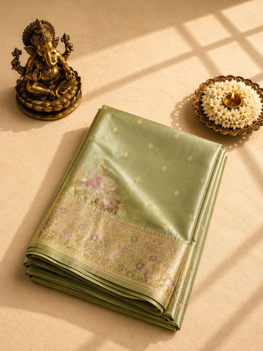 Pastel Green Banarasi Silk Saree with Floral Zari Weaving