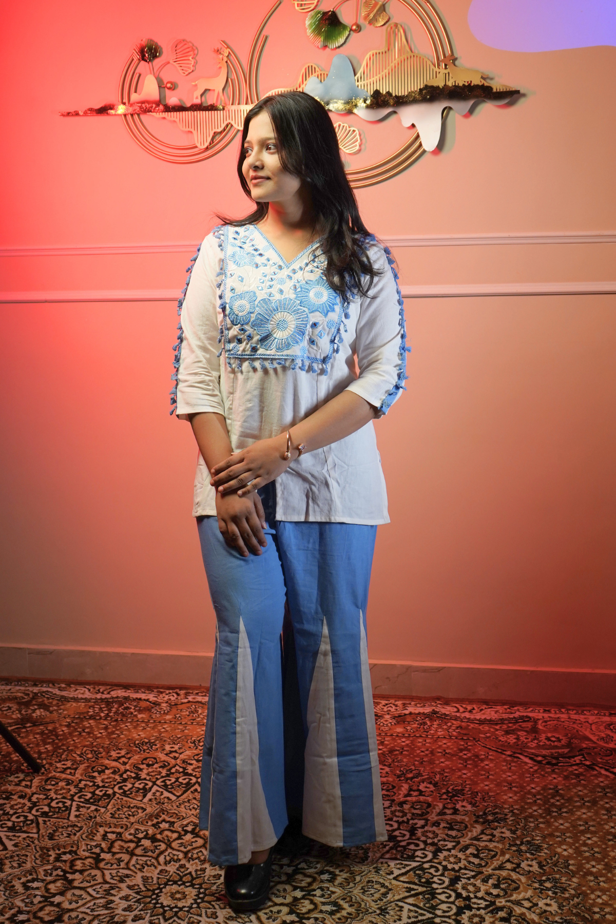 White & Sky Blue Embroidered Co-ord Set - Image 3