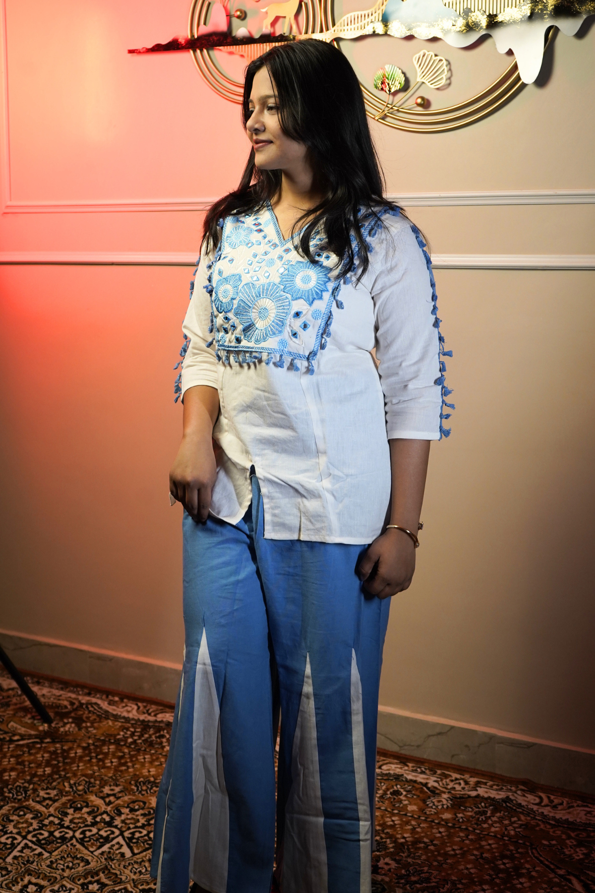 White & Sky Blue Embroidered Co-ord Set - Image 2