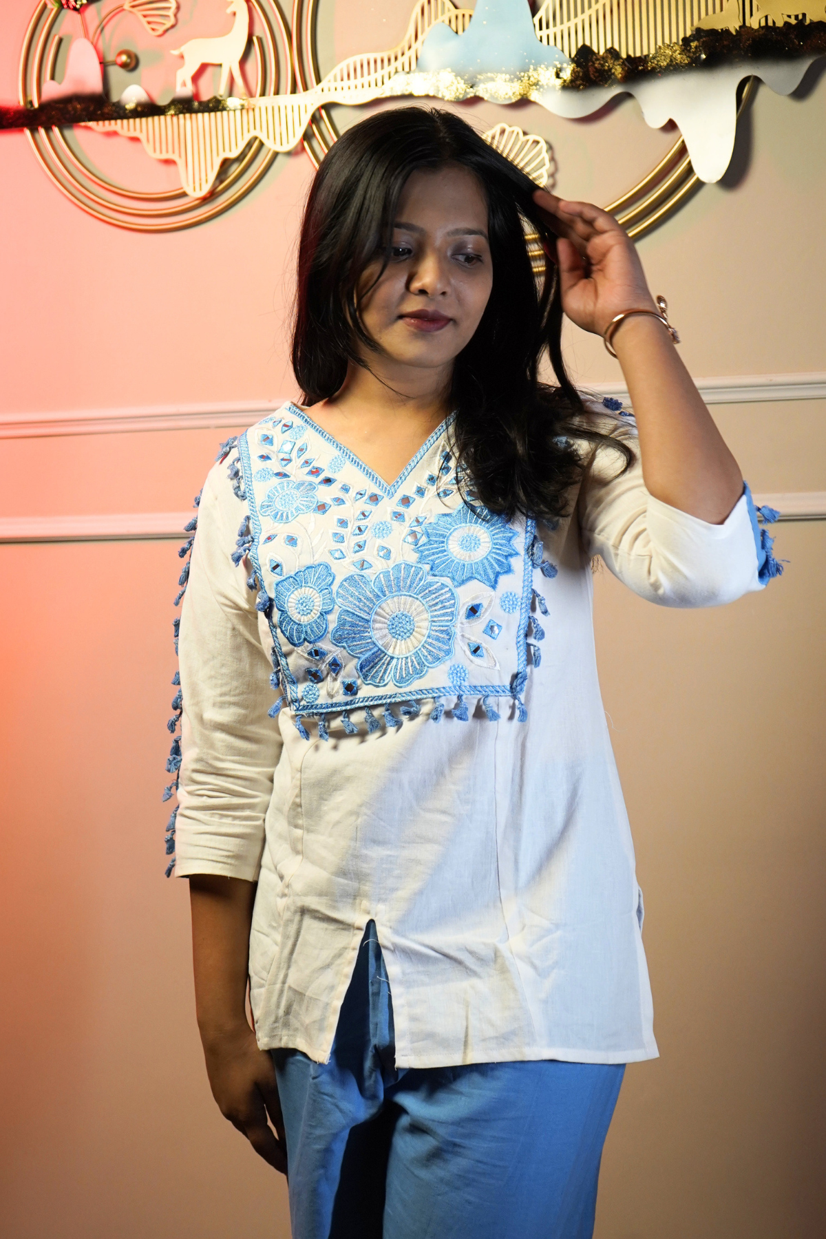 White & Sky Blue Embroidered Co-ord Set - Image 5