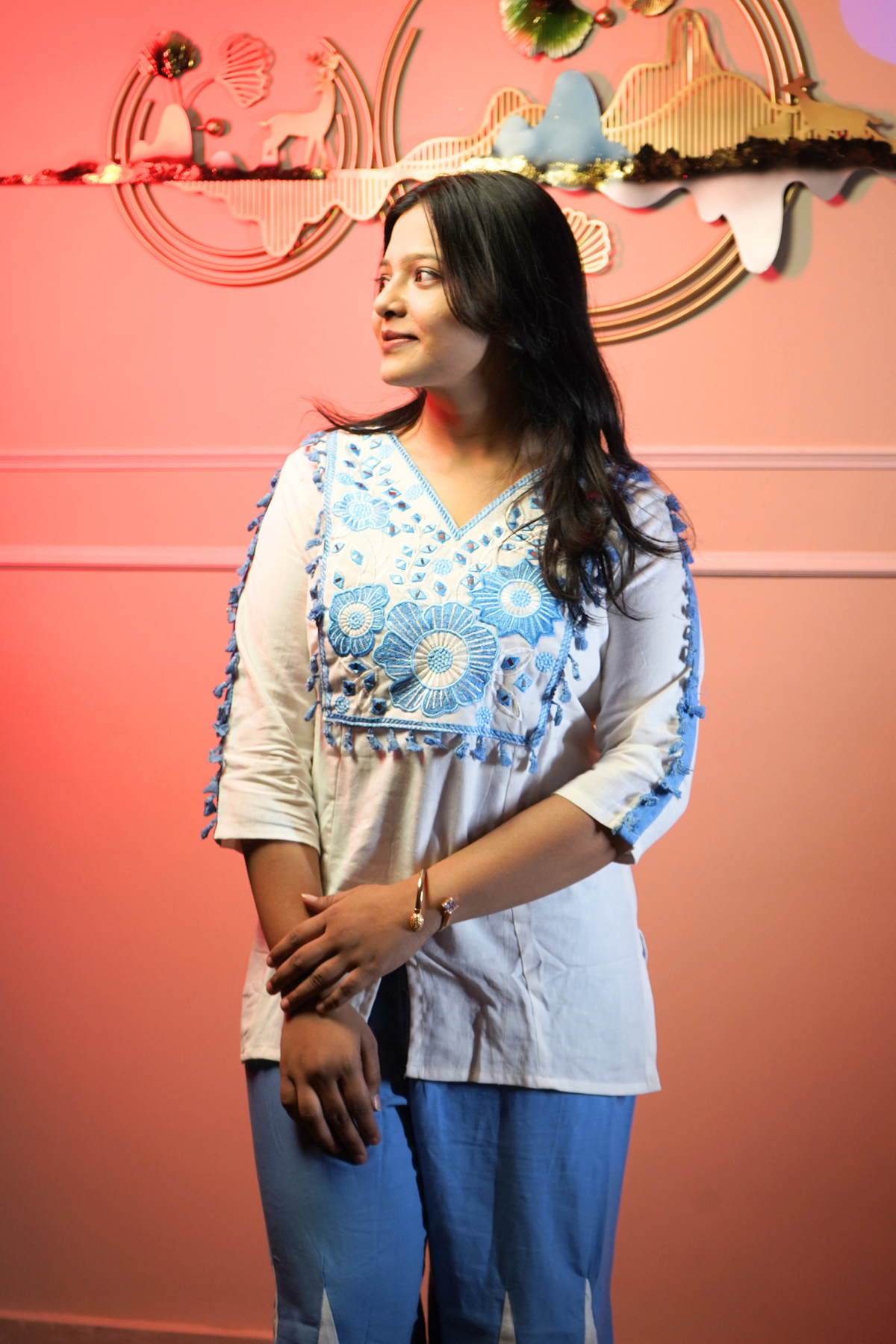 White & Sky Blue Embroidered Co-ord Set