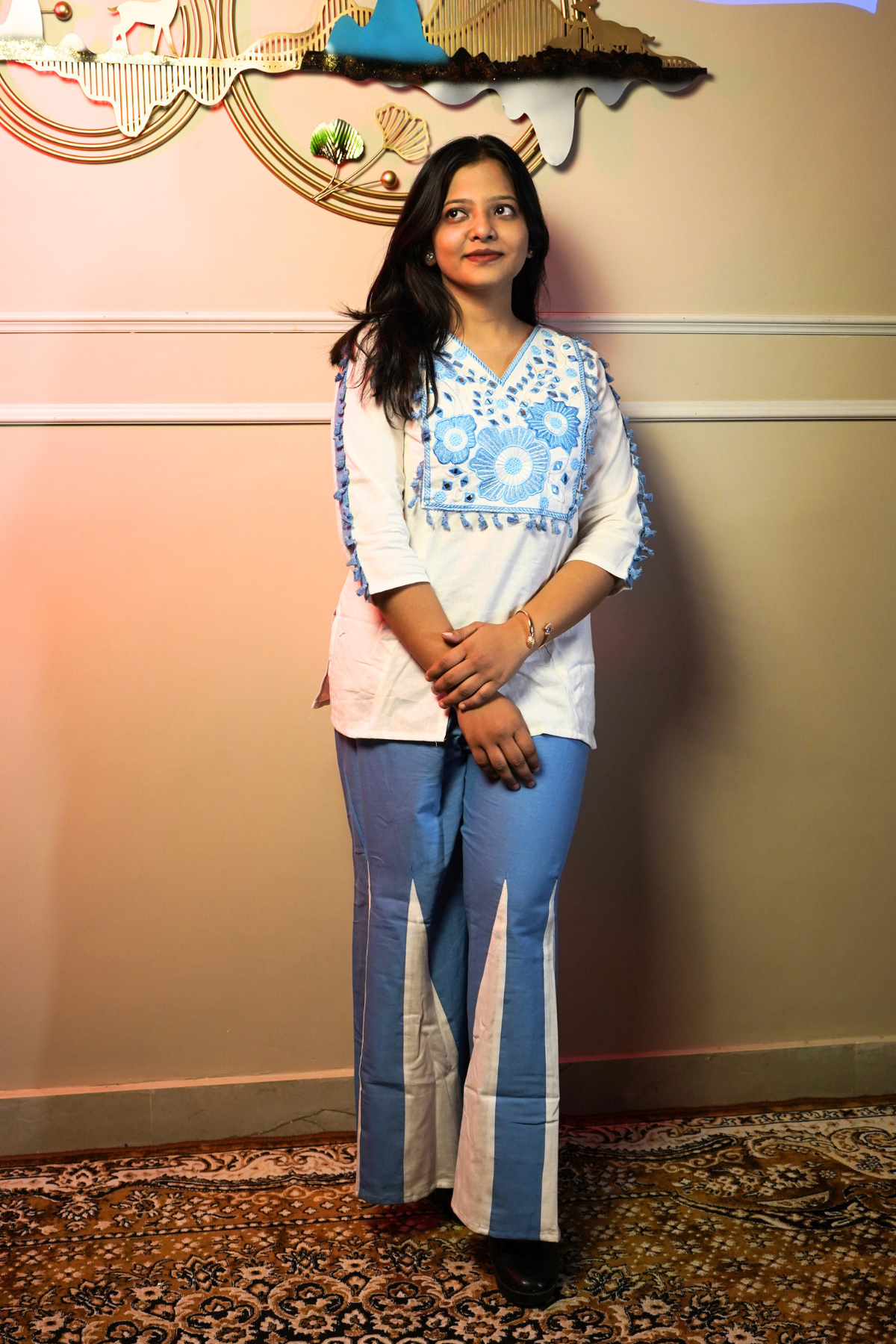 White & Sky Blue Embroidered Co-ord Set - Image 4