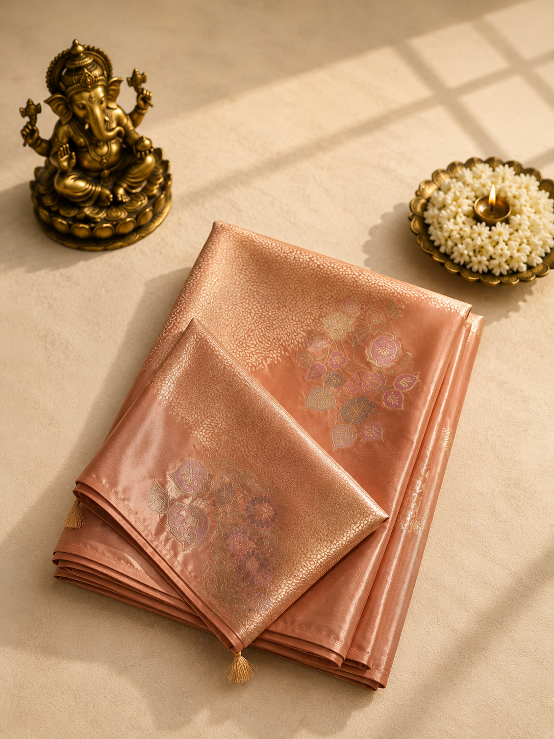 Peach Banarasi Silk Saree with Antique Gold Zari Weaving