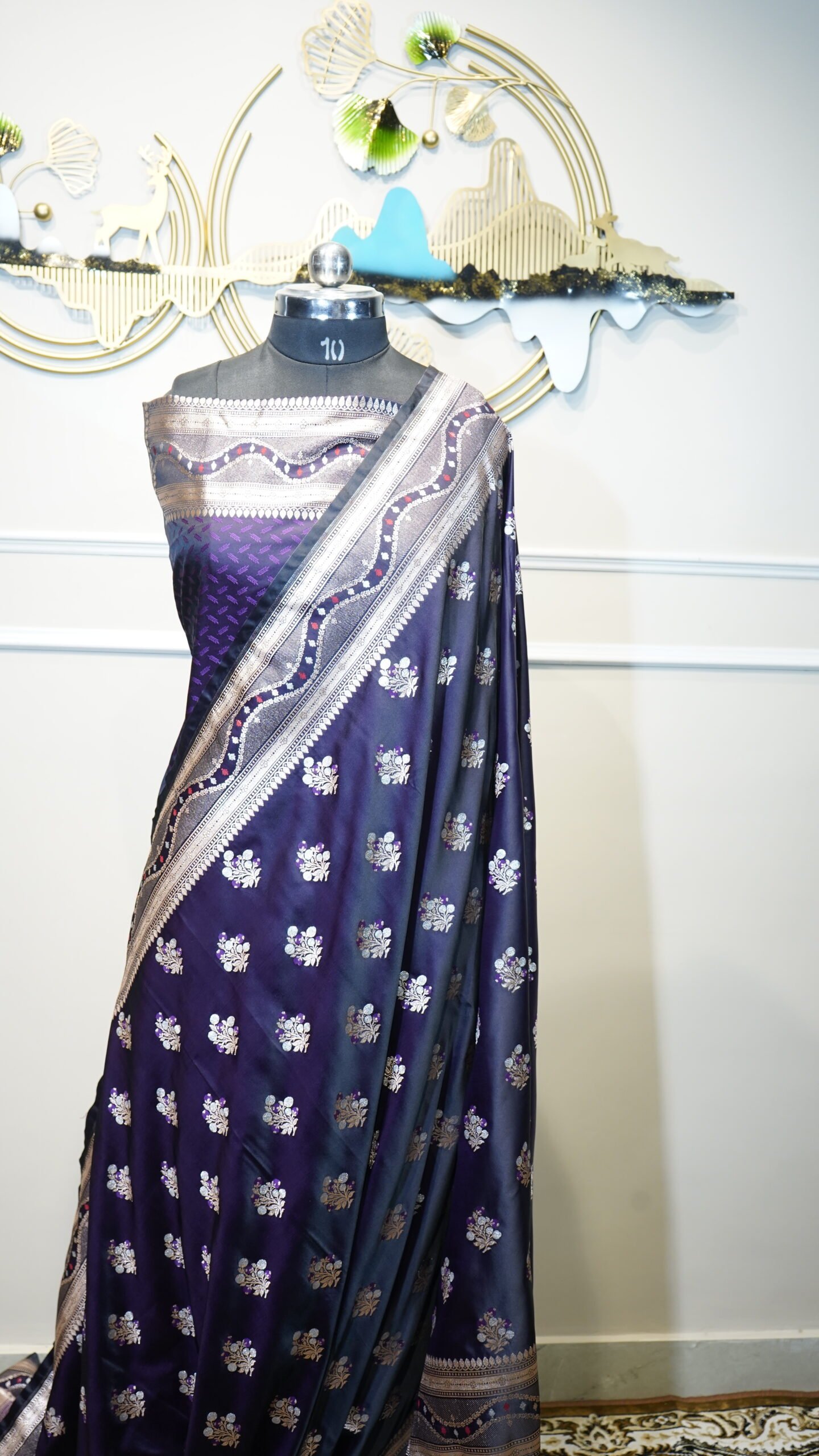 Royal Navy Blue Pure Banarasi Silk Saree with Silver Zari Weaving - Image 2