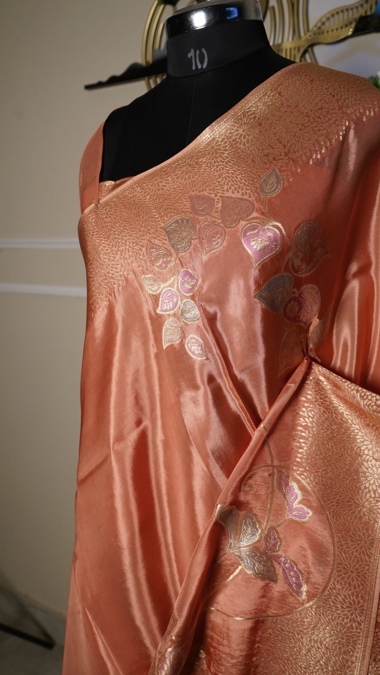 Peach Banarasi Silk Saree with Antique Gold Zari Weaving - Image 2