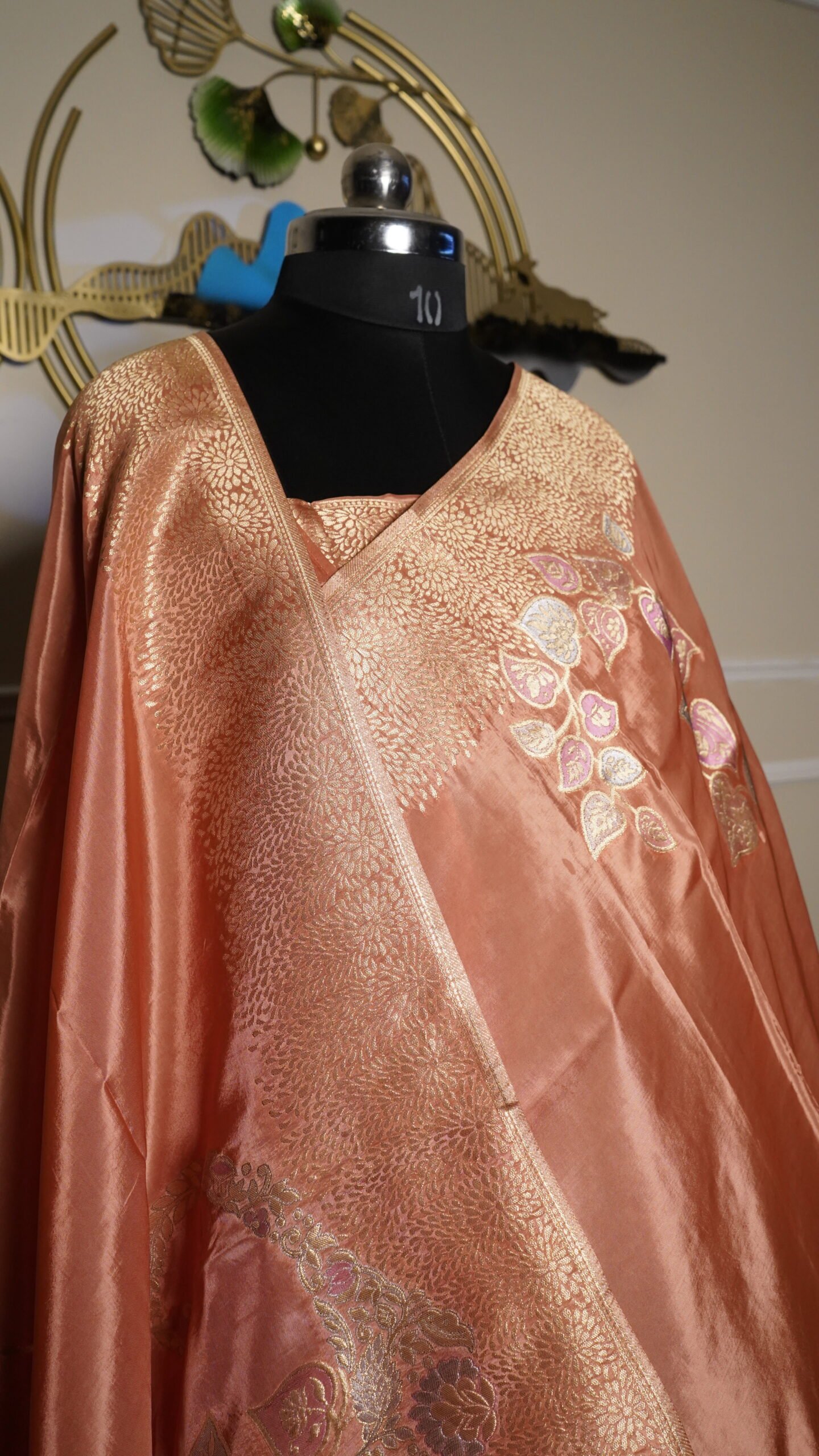 Peach Banarasi Silk Saree with Antique Gold Zari Weaving - Image 3