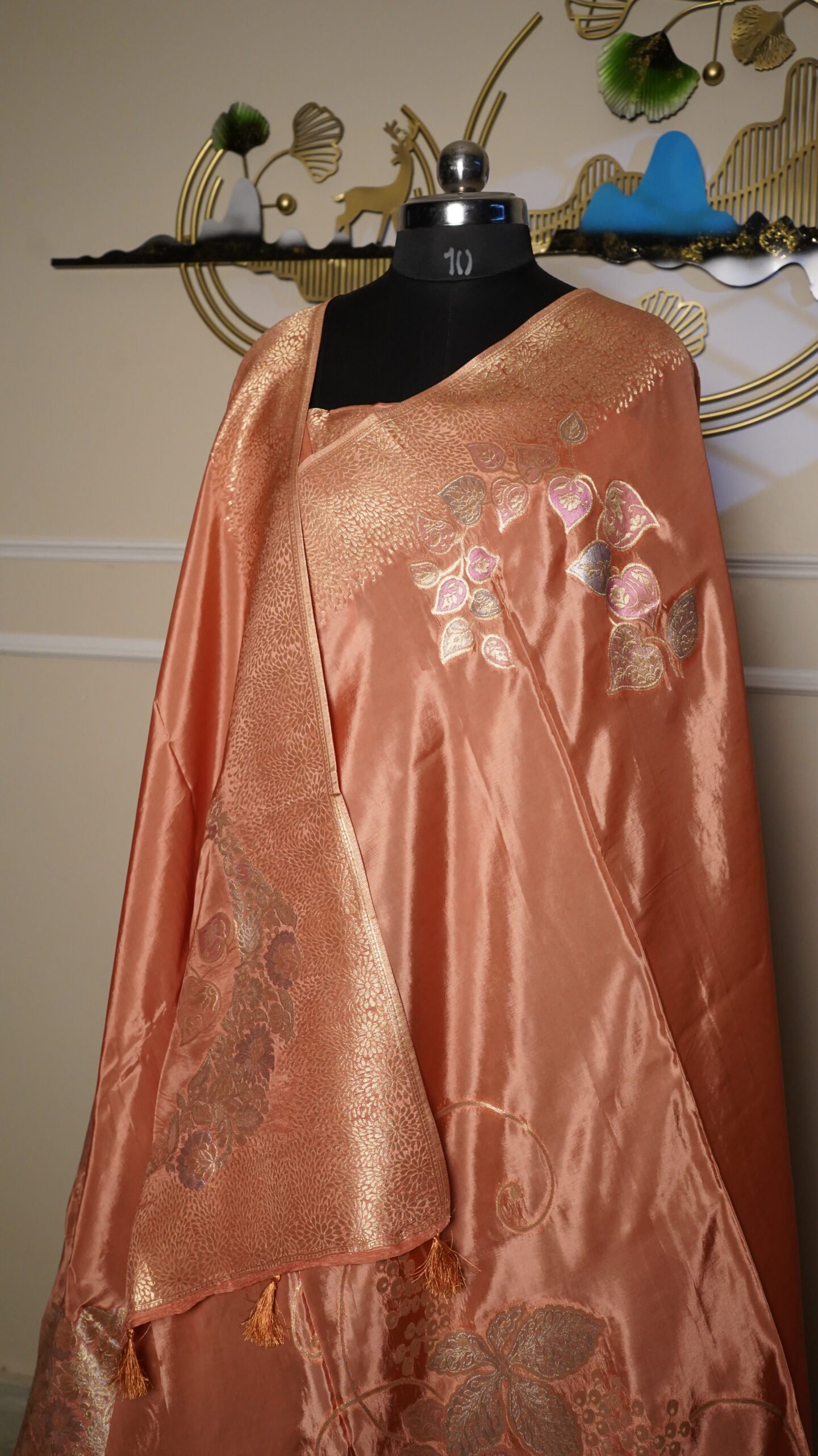 Peach Banarasi Silk Saree with Antique Gold Zari Weaving - Image 7