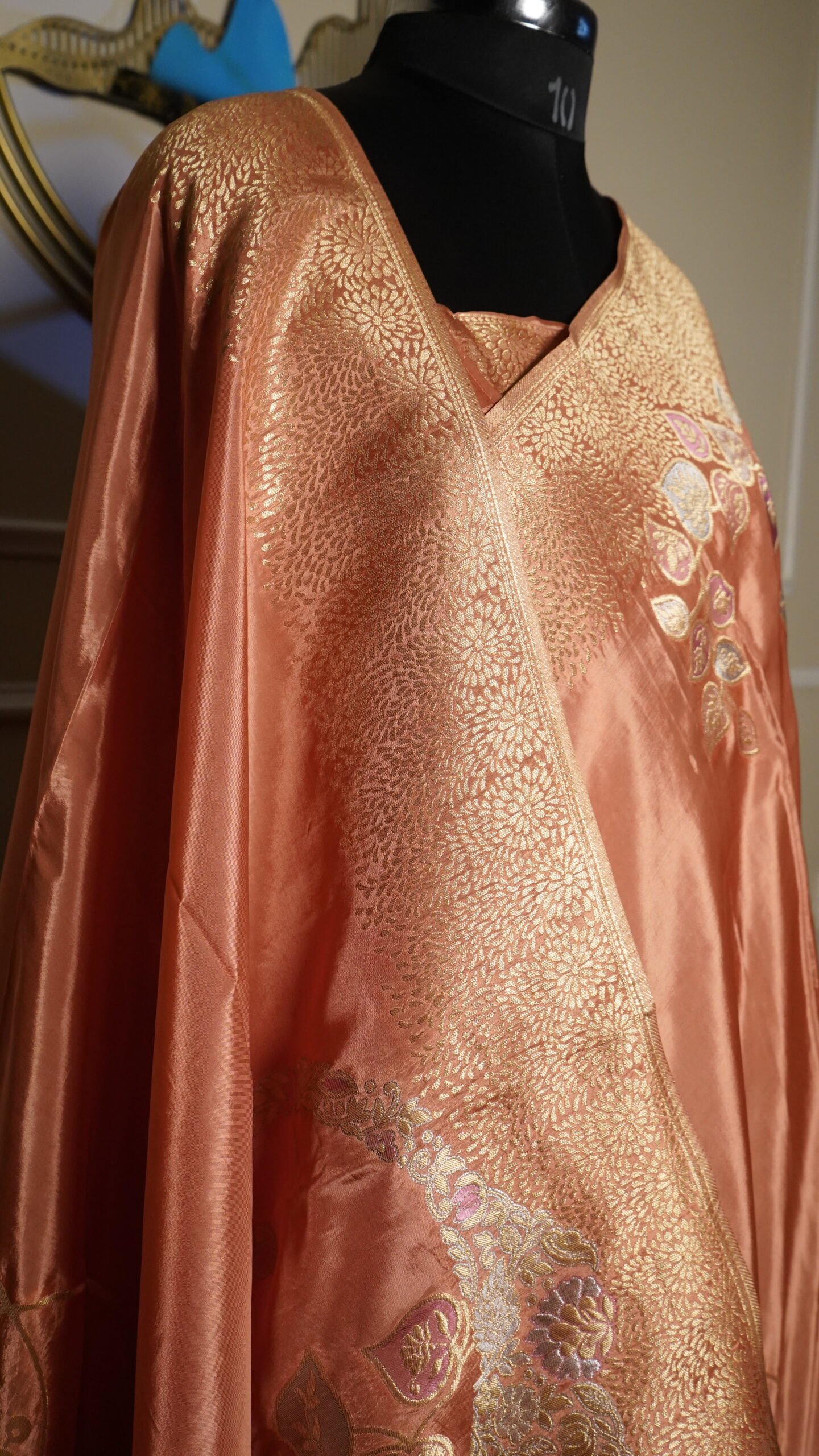Peach Banarasi Silk Saree with Antique Gold Zari Weaving - Image 5