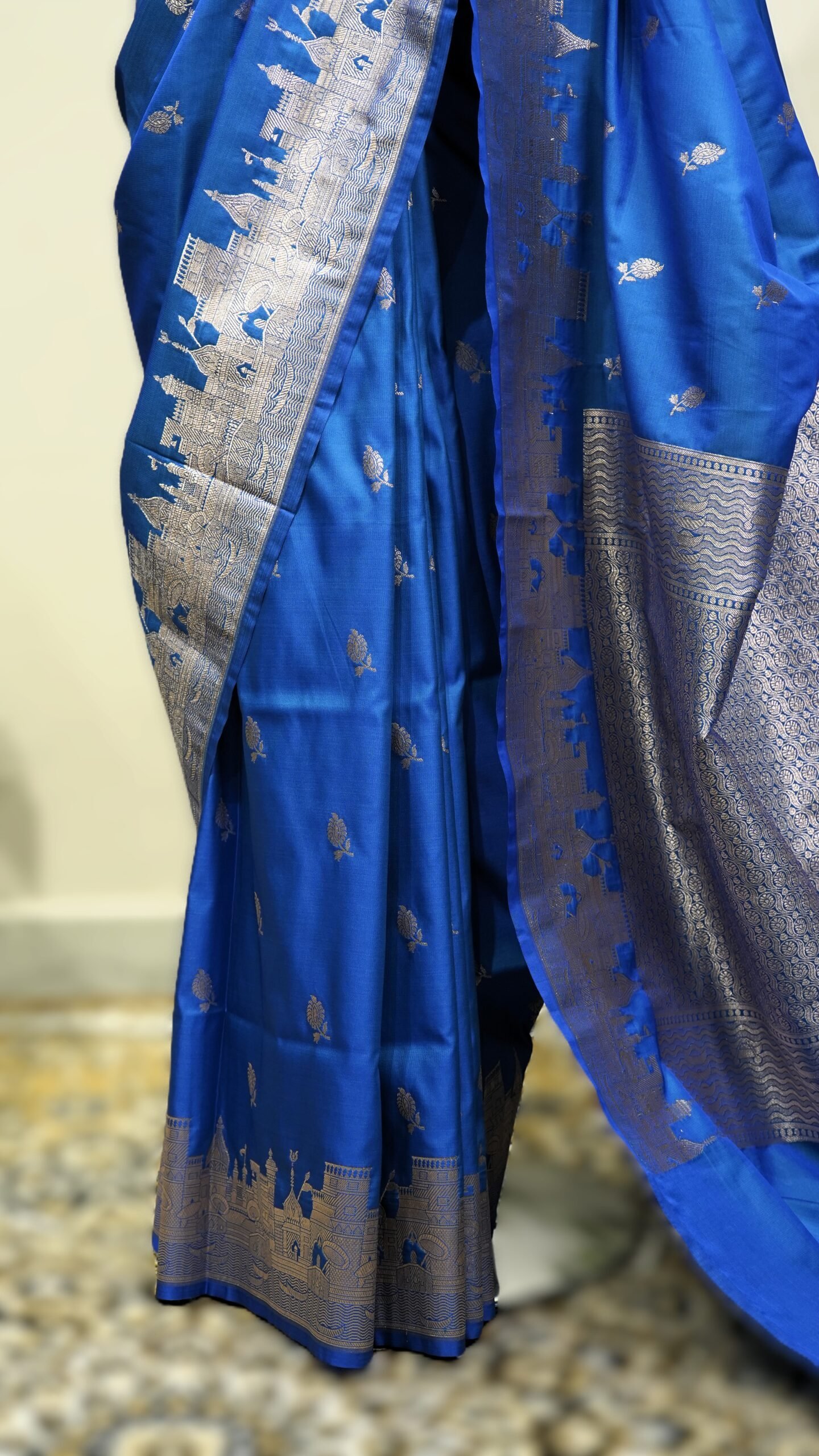 Royal Blue Pure Mushroo Silk Saree with Silver Zari Banarasi Border - Image 3