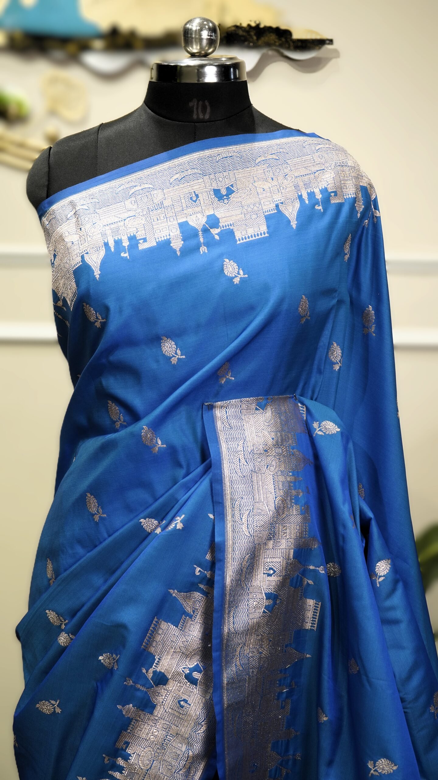 Royal Blue Pure Mushroo Silk Saree with Silver Zari Banarasi Border - Image 6