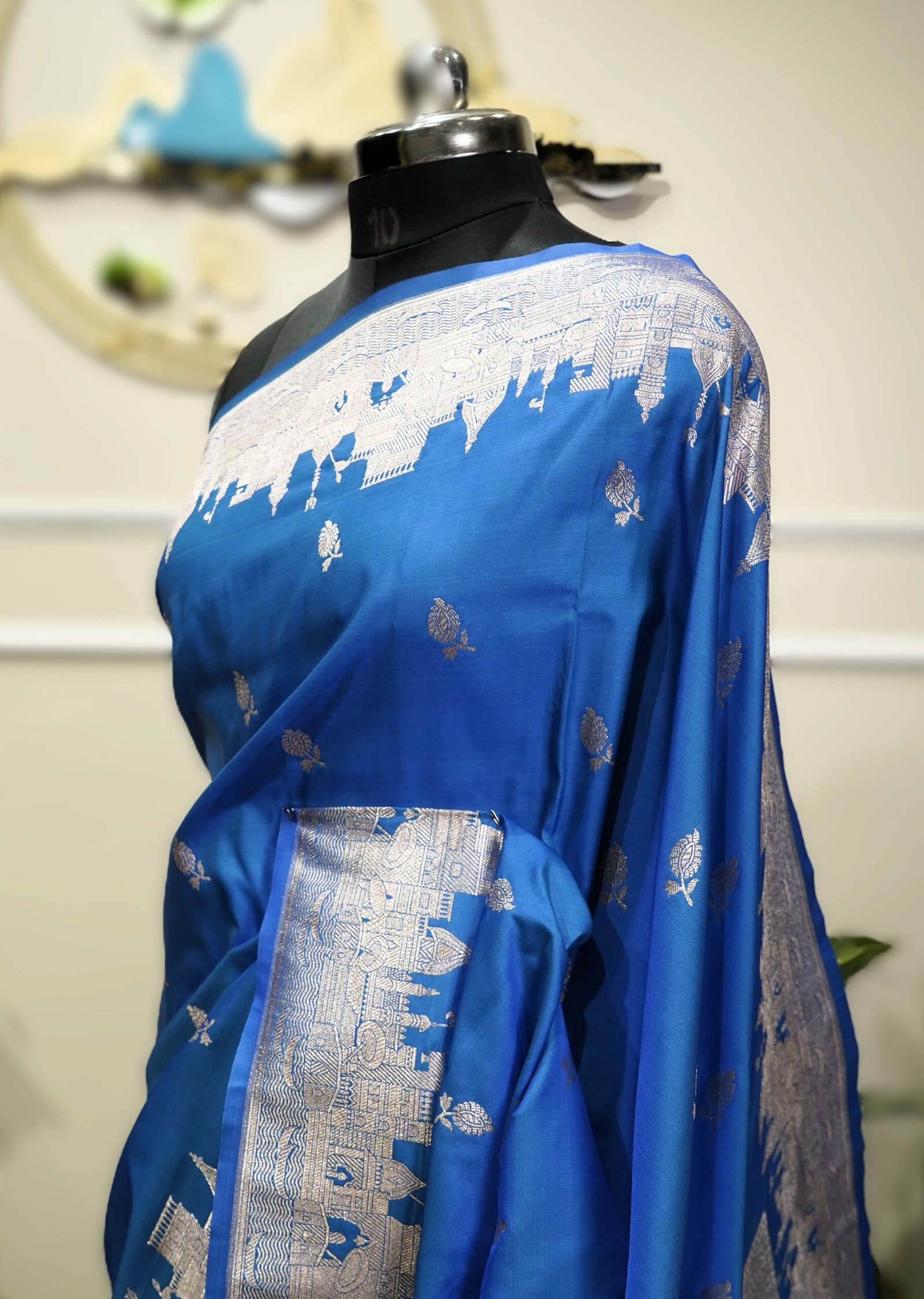 Royal Blue Pure Mushroo Silk Saree with Silver Zari Banarasi Border - Image 4