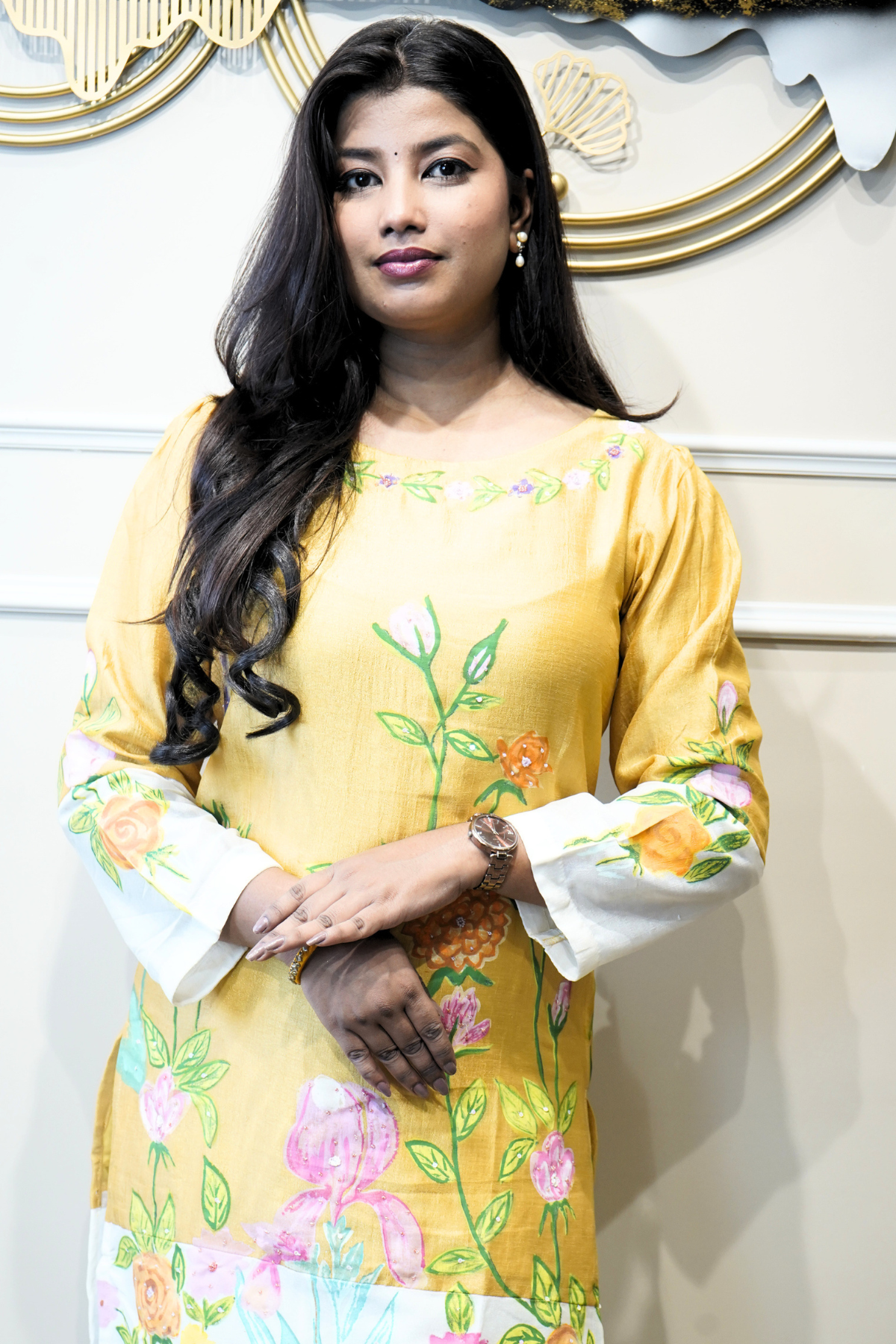 Floral Hand-Painted Kurta Set – Yellow & White - Image 2