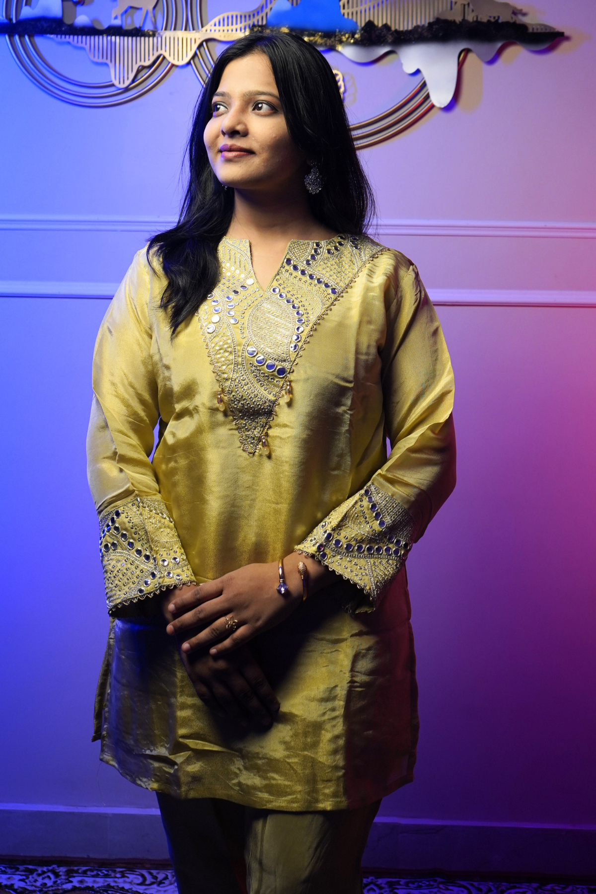 Golden Silk Embroidered Kurta Set for Women