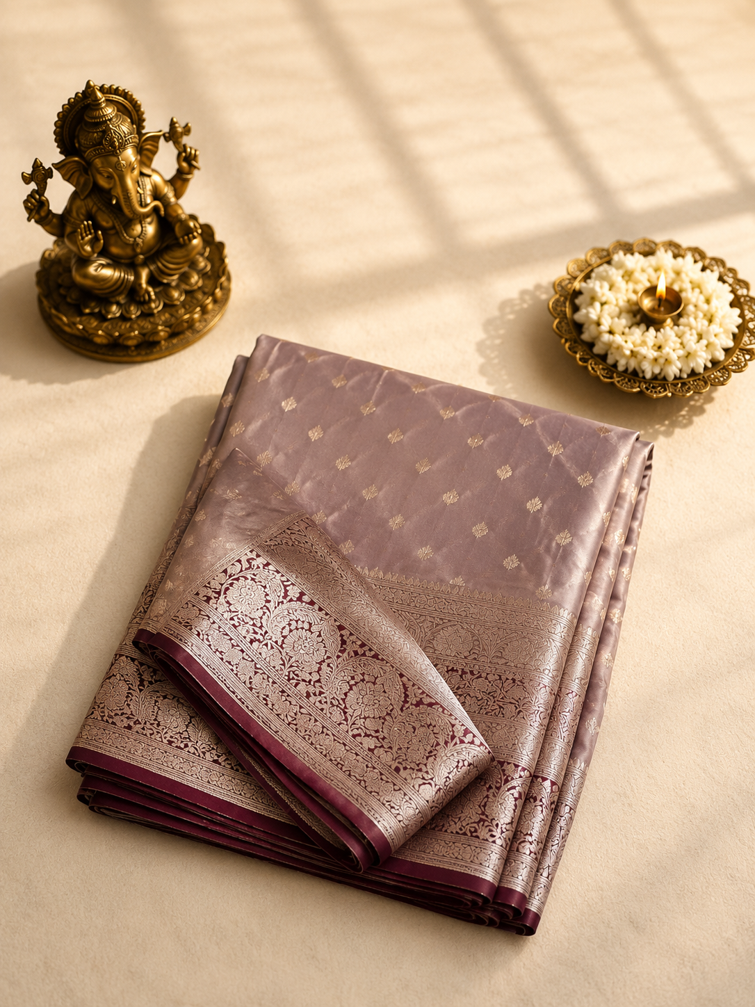 Pure Mushroo Silk Mist Grey Handwoven Saree with Silver Zari & Wine Contrast Pallu