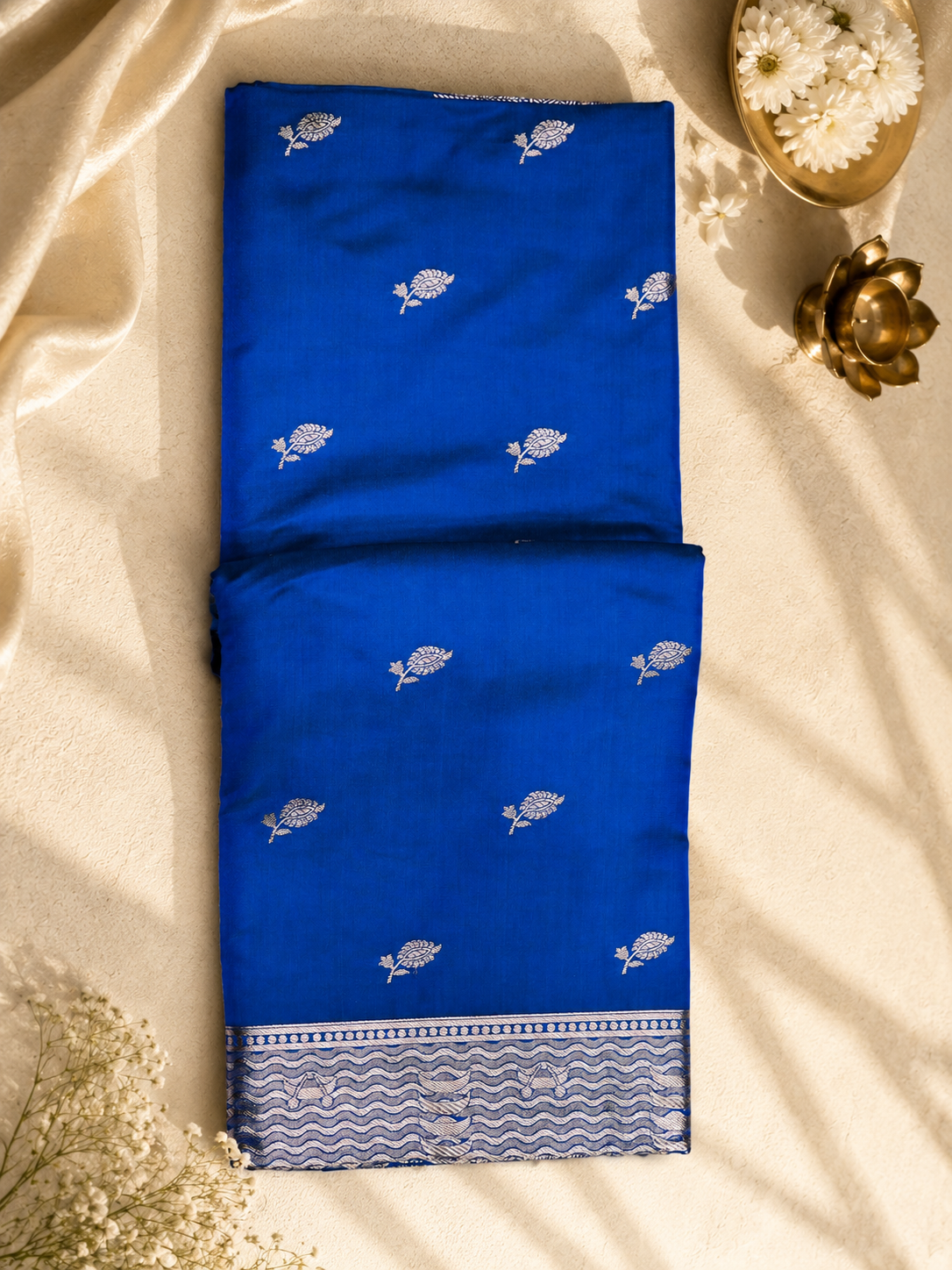 Royal Blue Pure Mushroo Silk Saree with Silver Zari Banarasi Border