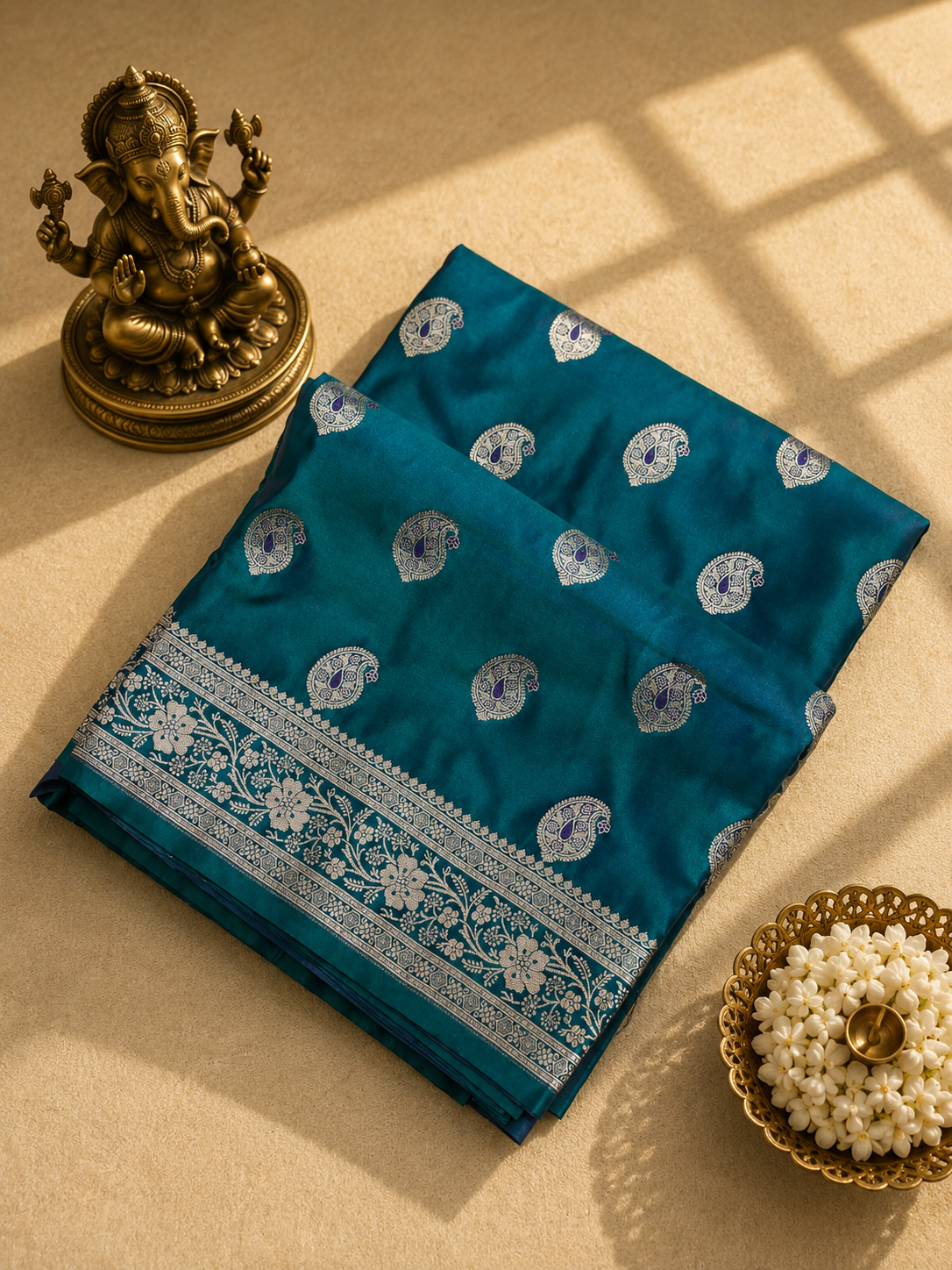 Pure Mushroo Silk Banarasi Saree – Peacock Blue & Teal Green
