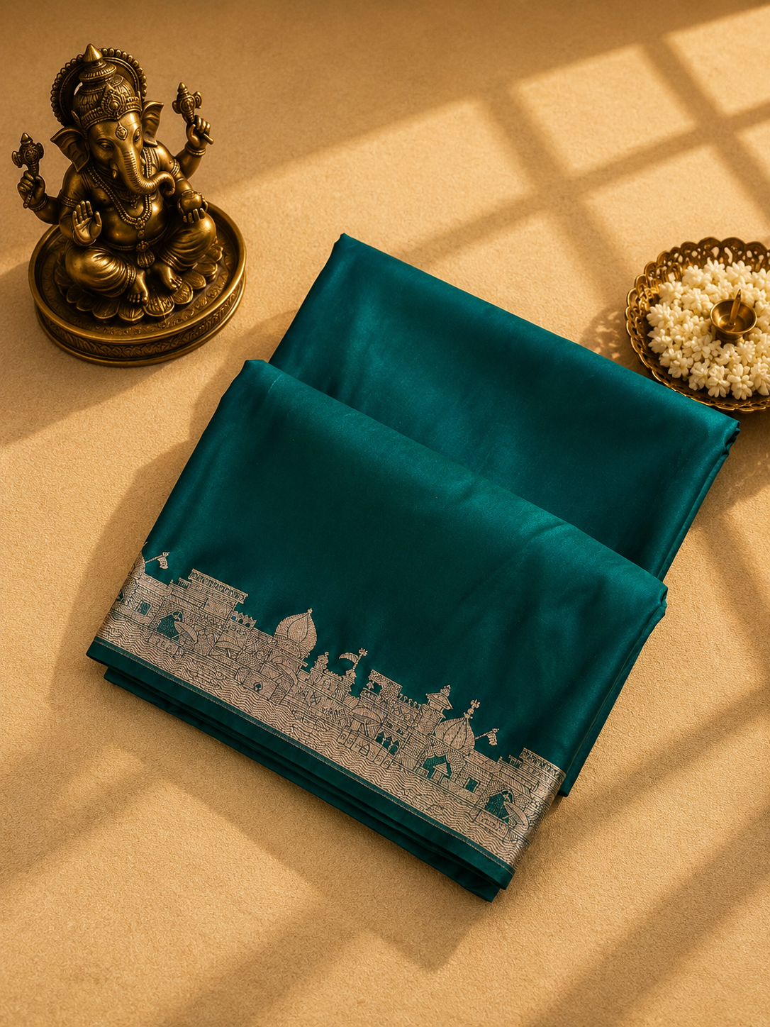Pure Mushroo Silk Emerald Green Saree with Silver Heritage Border