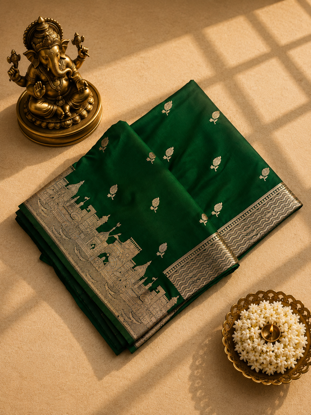 Pure Mushroo Silk Emerald Green Handwoven Saree with Silver Zari Skyline Border