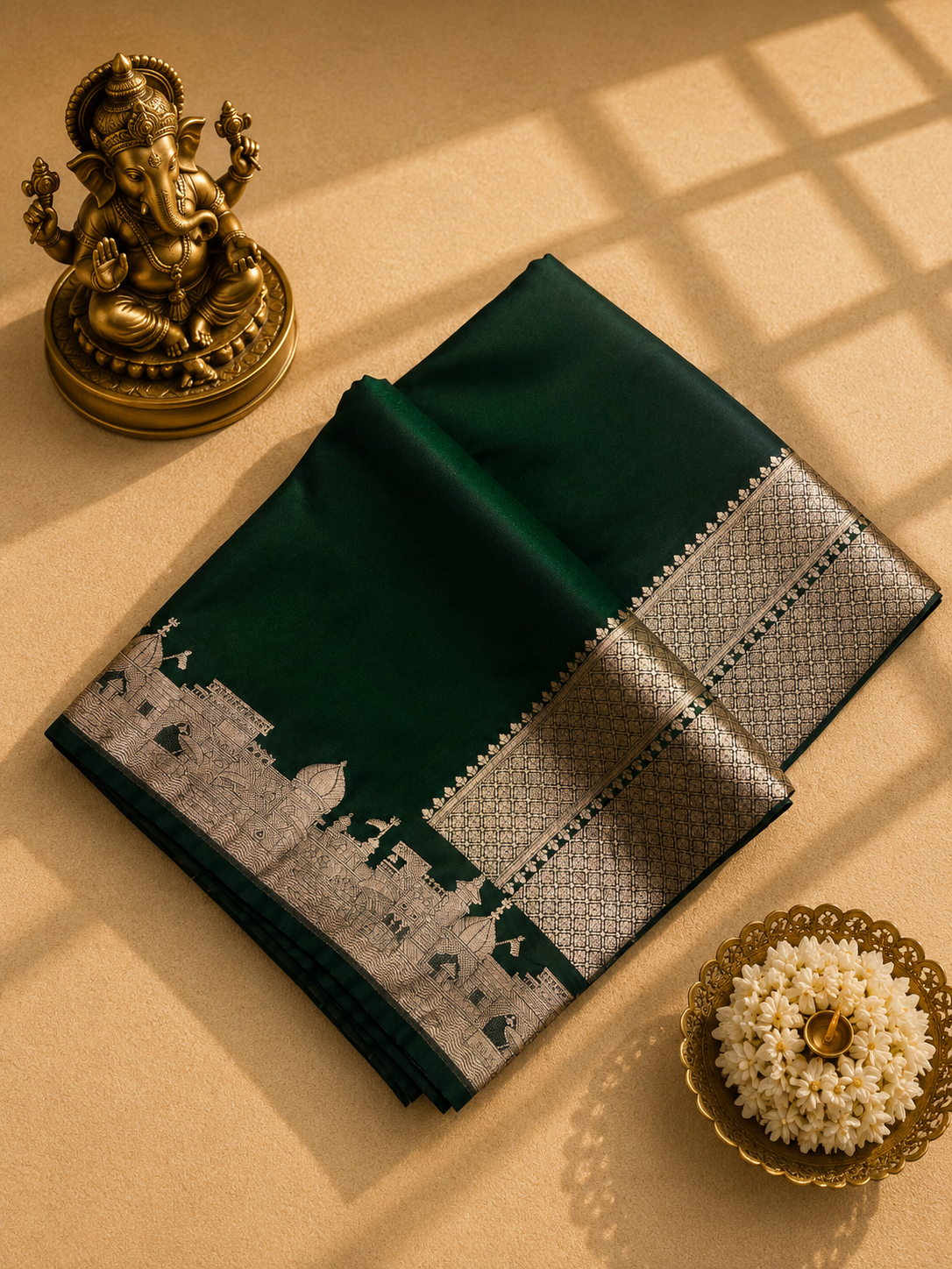 Pure Mushroo Silk Forest Green Saree with Silver Heritage Border