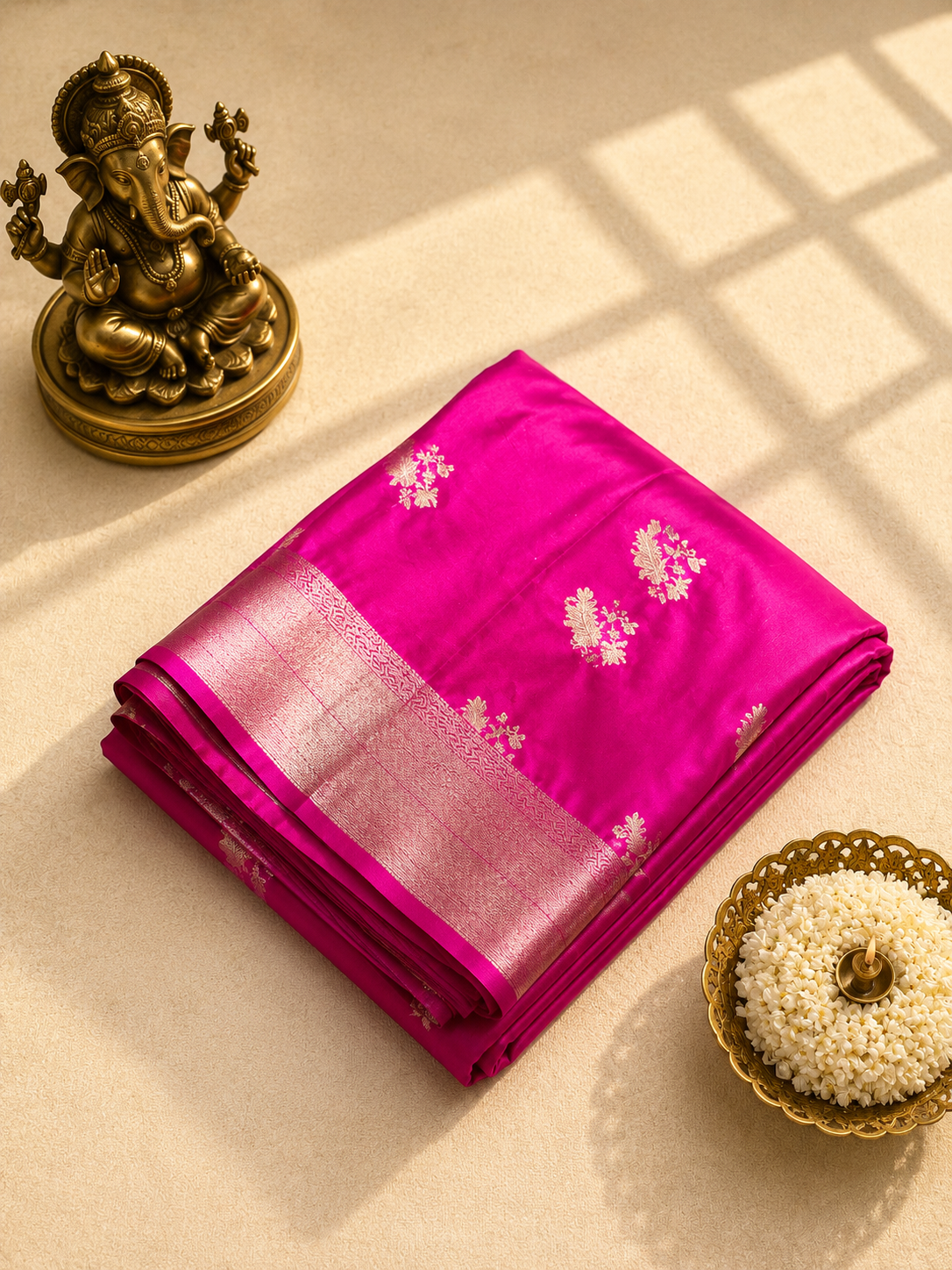 Pure Mushroo Silk Rani Pink Handwoven Saree with Silver Zari Buti