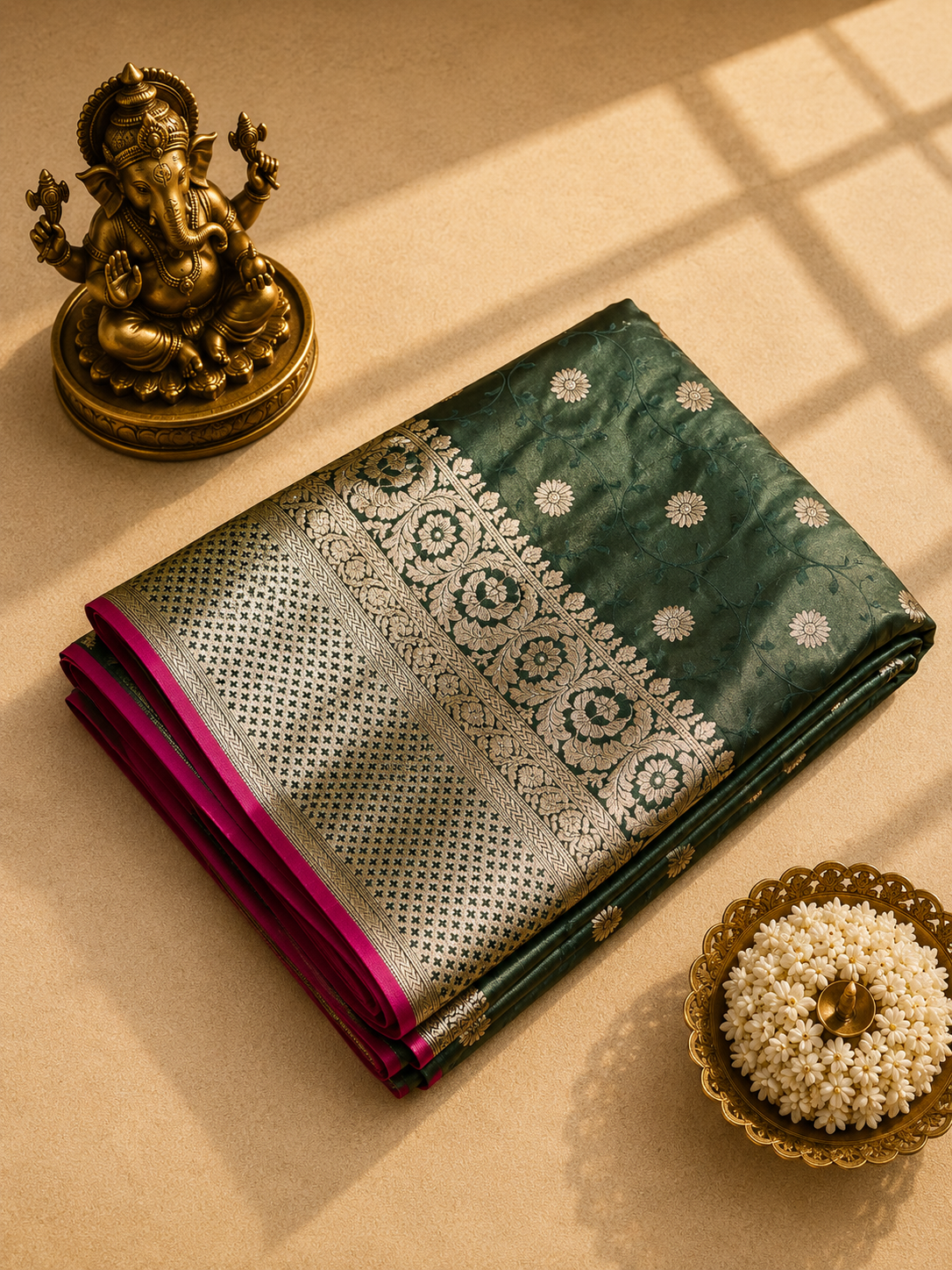 Pure Mushroo Silk Sage Green Floral Woven Saree