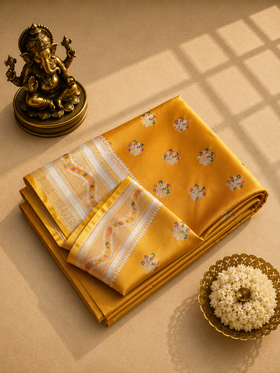 Golden Marigold Banarasi Silk Saree with Silver Zari Floral Butis