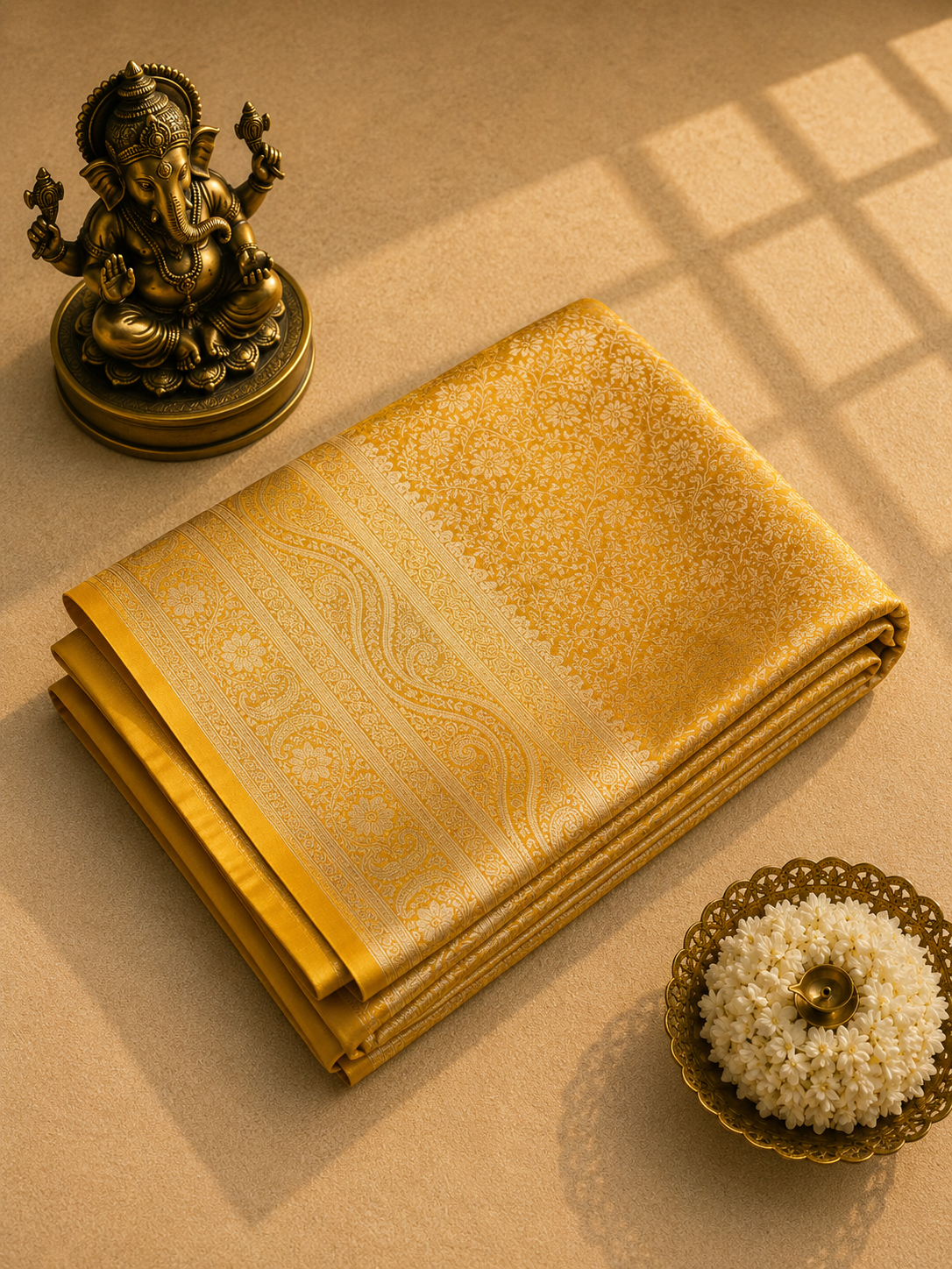 Royal Golden Banarasi Katan Silk Saree with All-Over Zari Jaal