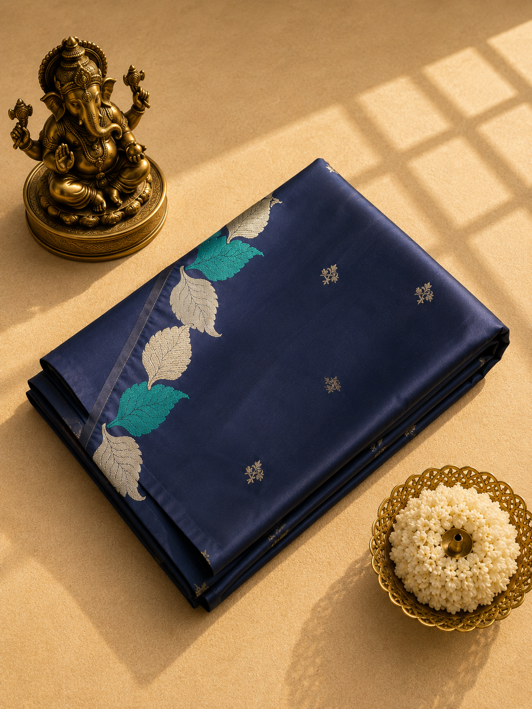 Midnight Blue Banarasi Silk Saree with Leaf Border