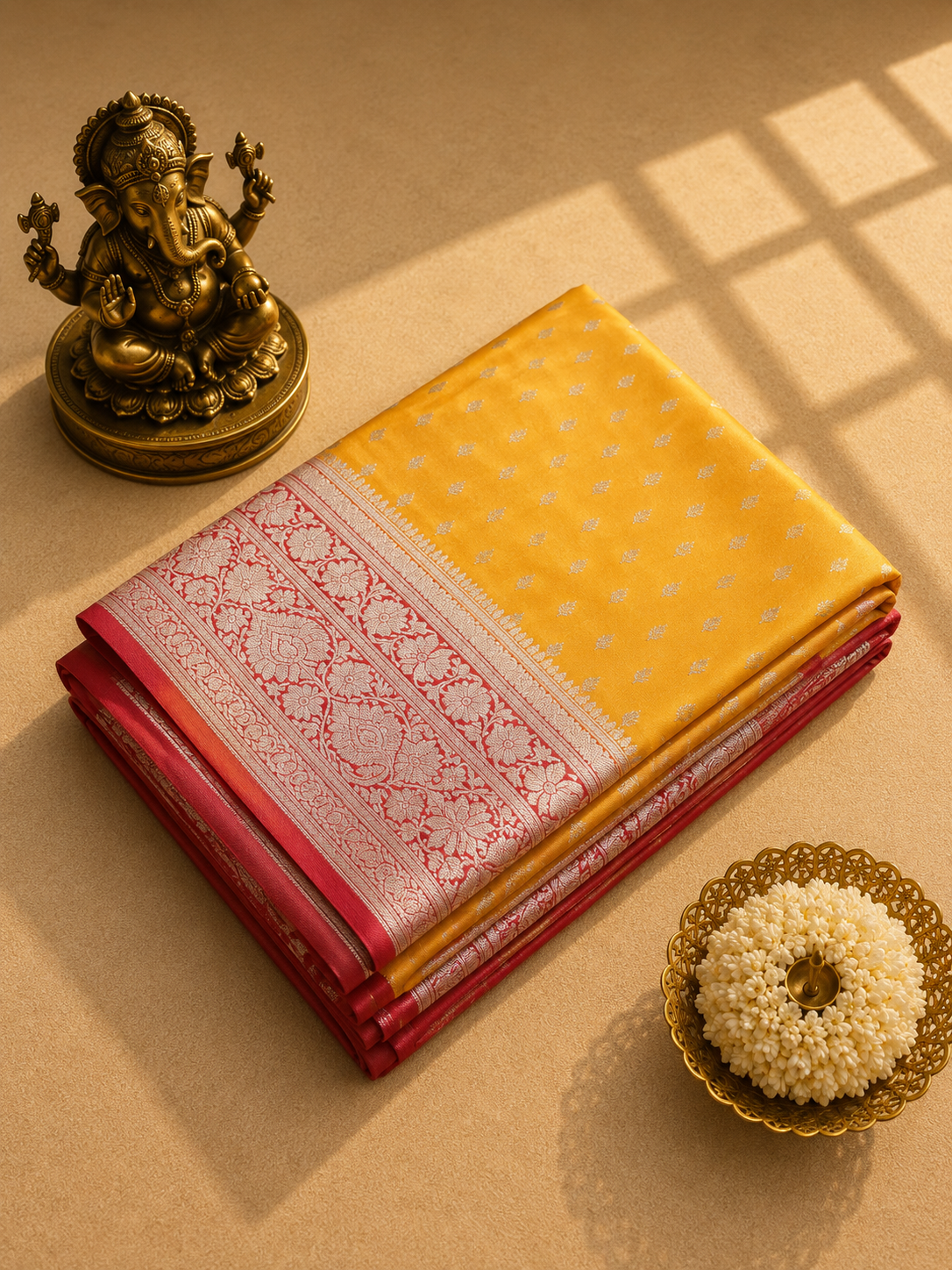 Sunshine Yellow Banarasi Silk Saree with Rani Pink Zari Border