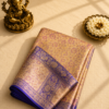 Beige Gold Banarasi Silk Saree with Royal Blue Zari Border