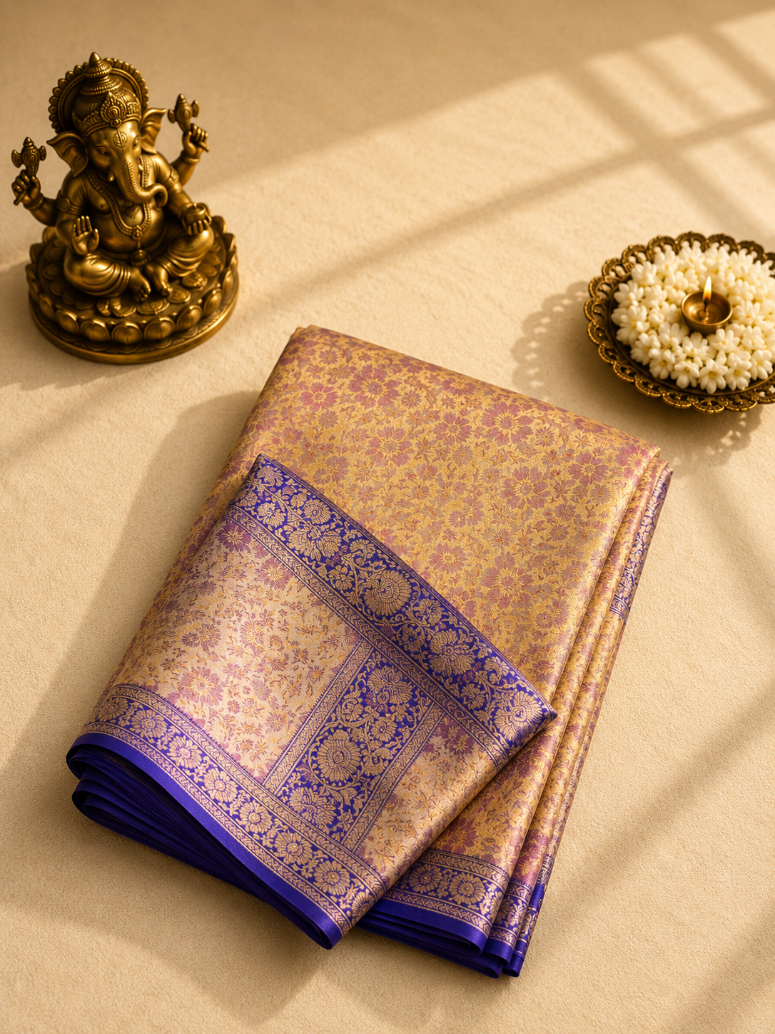 Beige Gold Banarasi Silk Saree with Royal Blue Zari Border
