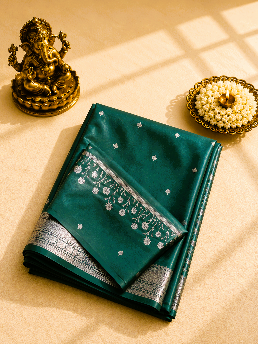 Emerald Green Banarasi Silk Saree with Silver Zari Weaving
