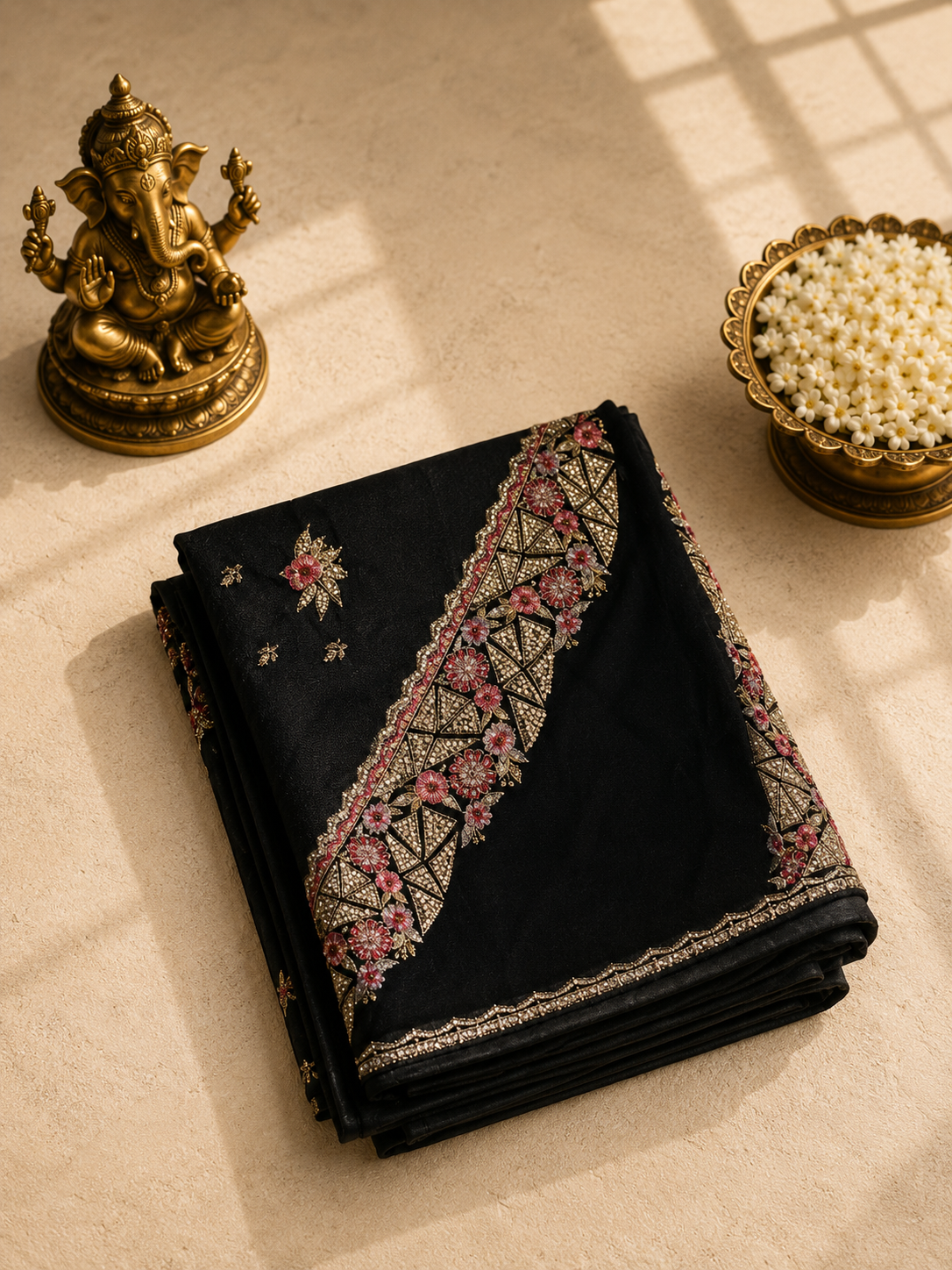 Midnight Black Designer Silk Saree with Heavy Embroidered Border