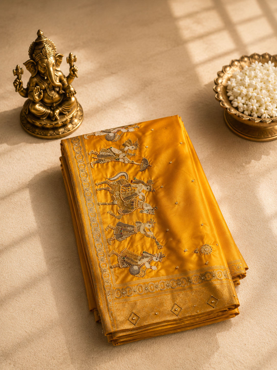 Mustard Yellow Banarasi Silk Saree with Traditional Woven Border & Designer Pallu