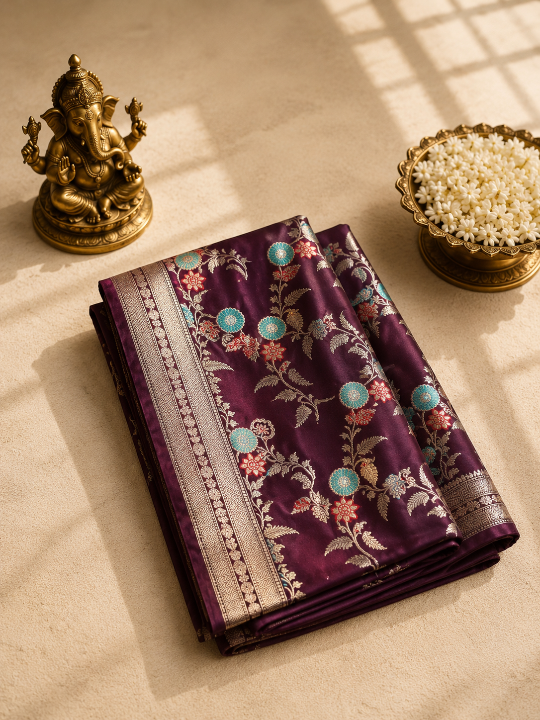 Wine Banarasi Silk Saree with Floral Zari Weaving & Rich Silver Border