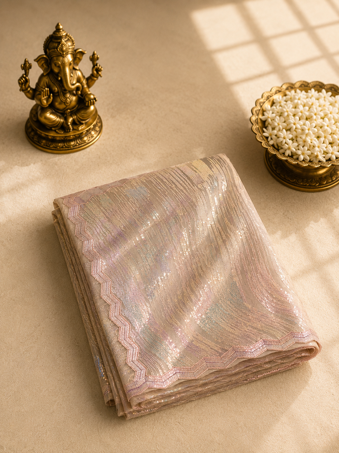 Blush Pink Iridescent Sequin Designer Saree