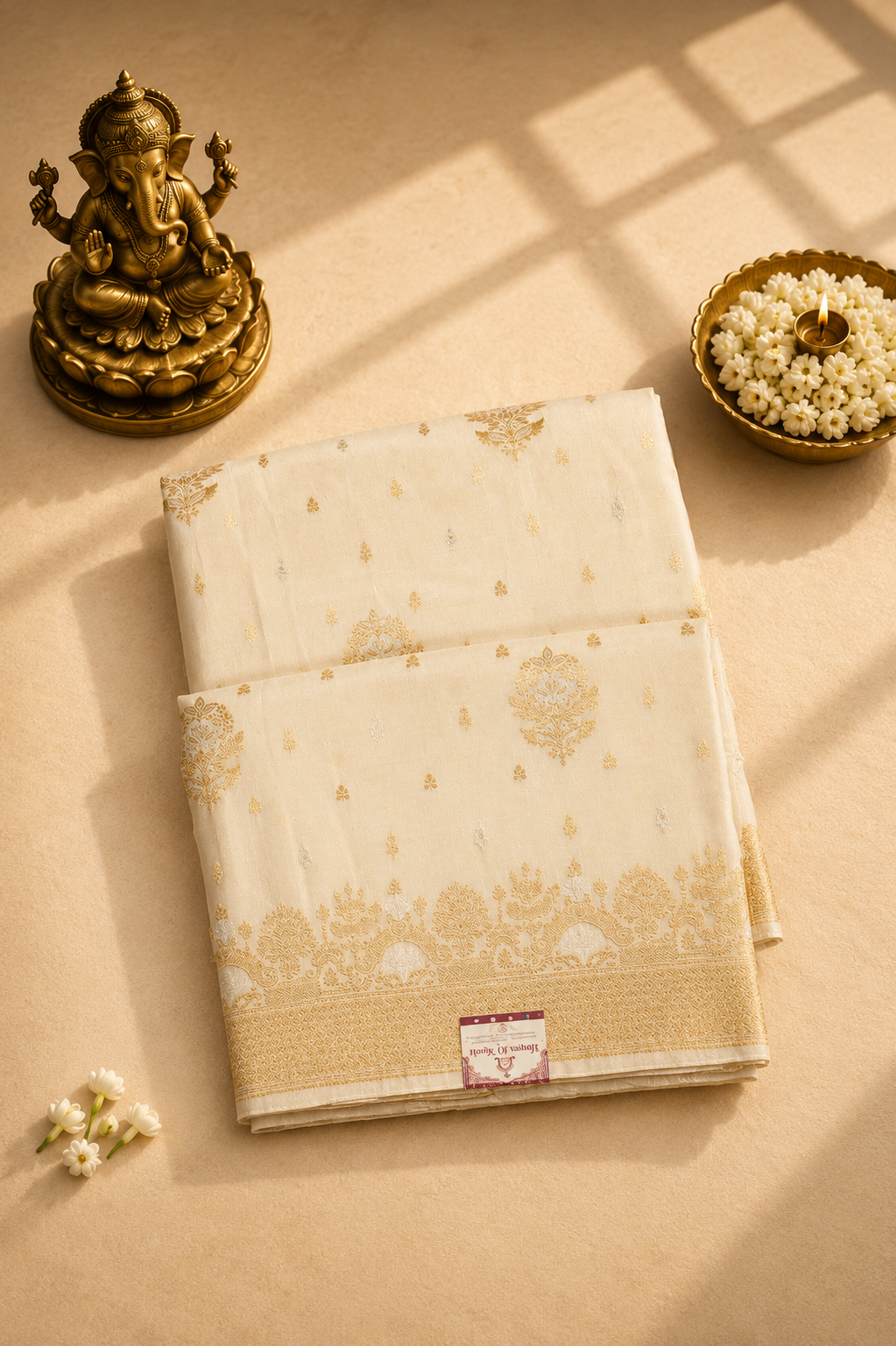 Pure Banarasi Silk Saree – Ivory White with Gold Zari Weaving