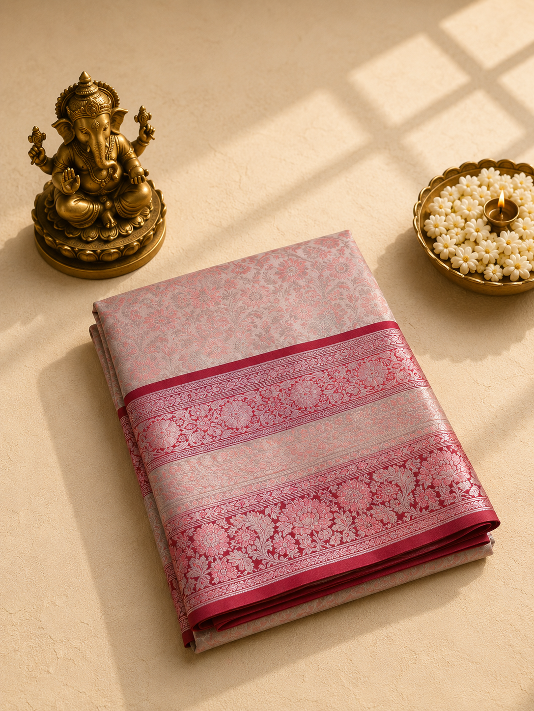 Silver Grey Banarasi Silk Saree with Ruby Red Zari Border