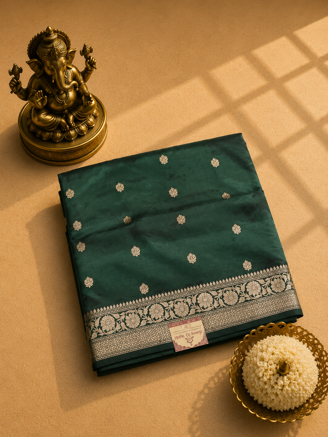 Emerald Green Banarasi Silk Saree with Silver Zari Border
