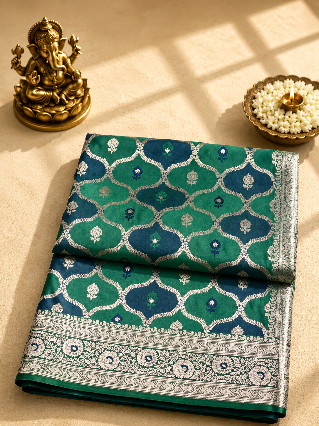 Dual Tone Green & Navy Blue Banarasi Silk Saree with Silver Zari Weaving