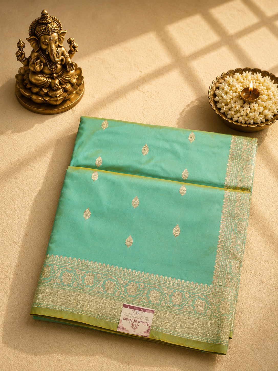 Mint Green Banarasi Silk Saree with Gold Zari Weaving