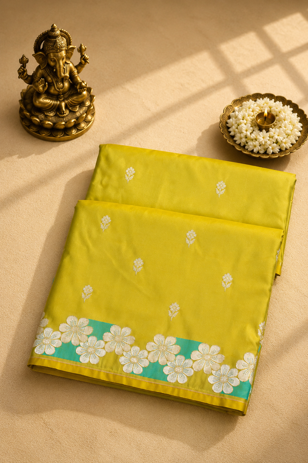 Lime Yellow Banarasi Silk Saree with Floral Silver Zari Weaving