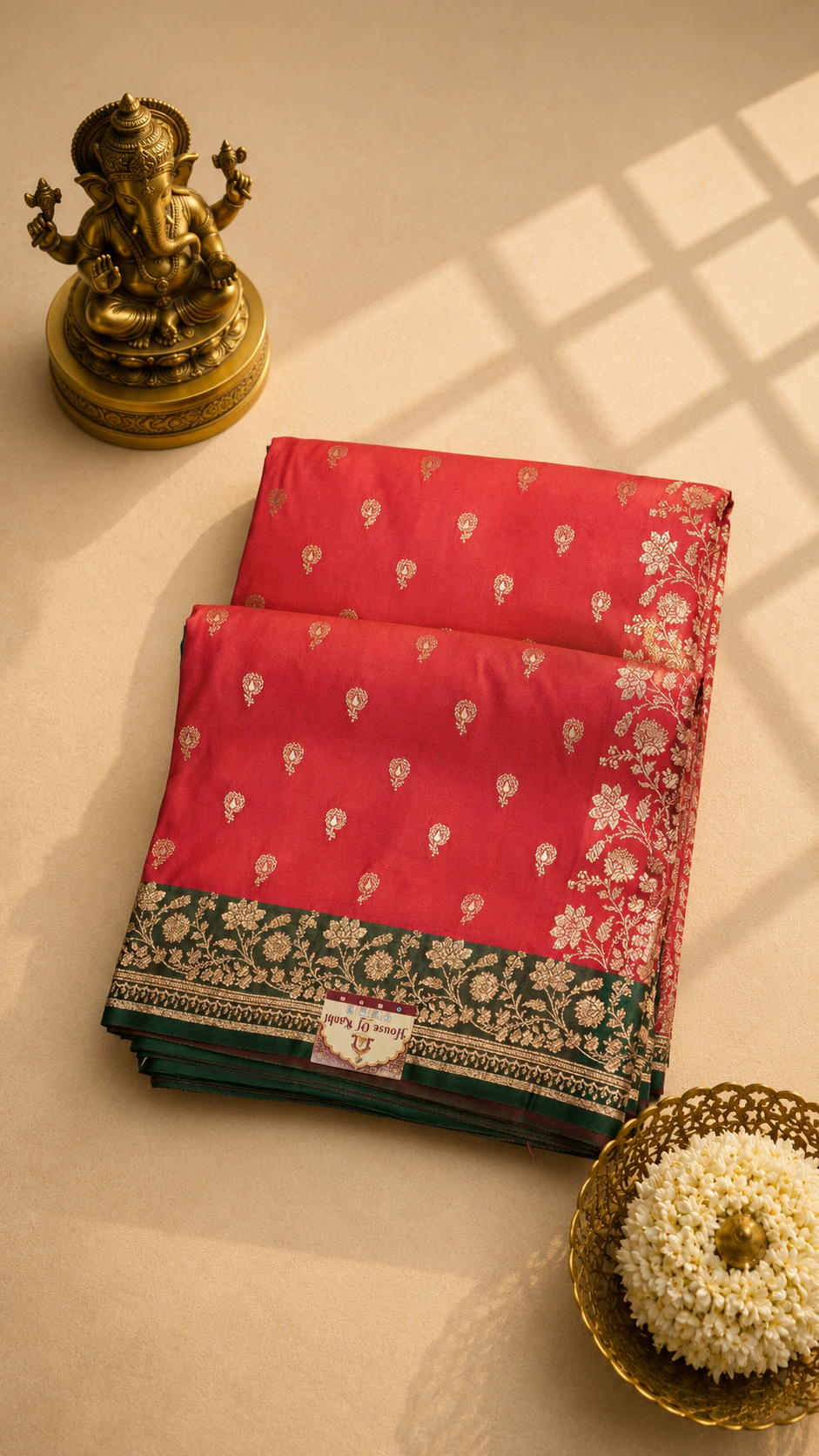 Coral Pink & Emerald Green Banarasi Saree