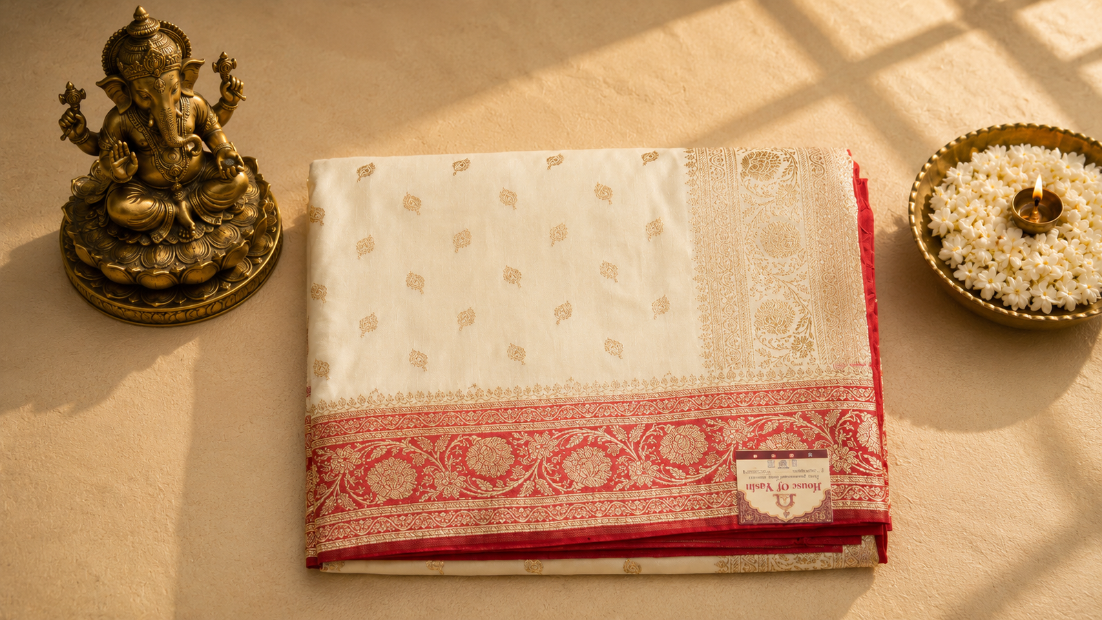 Elegant White Banarasi Silk Saree with Red Contrast Zari Border
