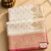 Banarasi Silk Saree – Ivory White with Rose Pink Zari Border