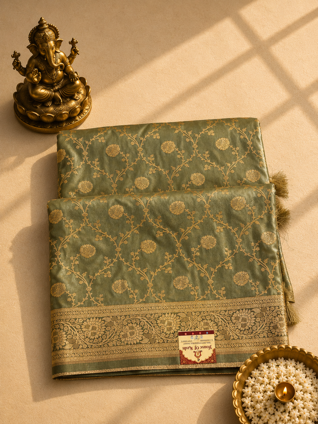 Sage Green Pure Banarasi Katan Silk Saree with Gold Zari Floral Jaal