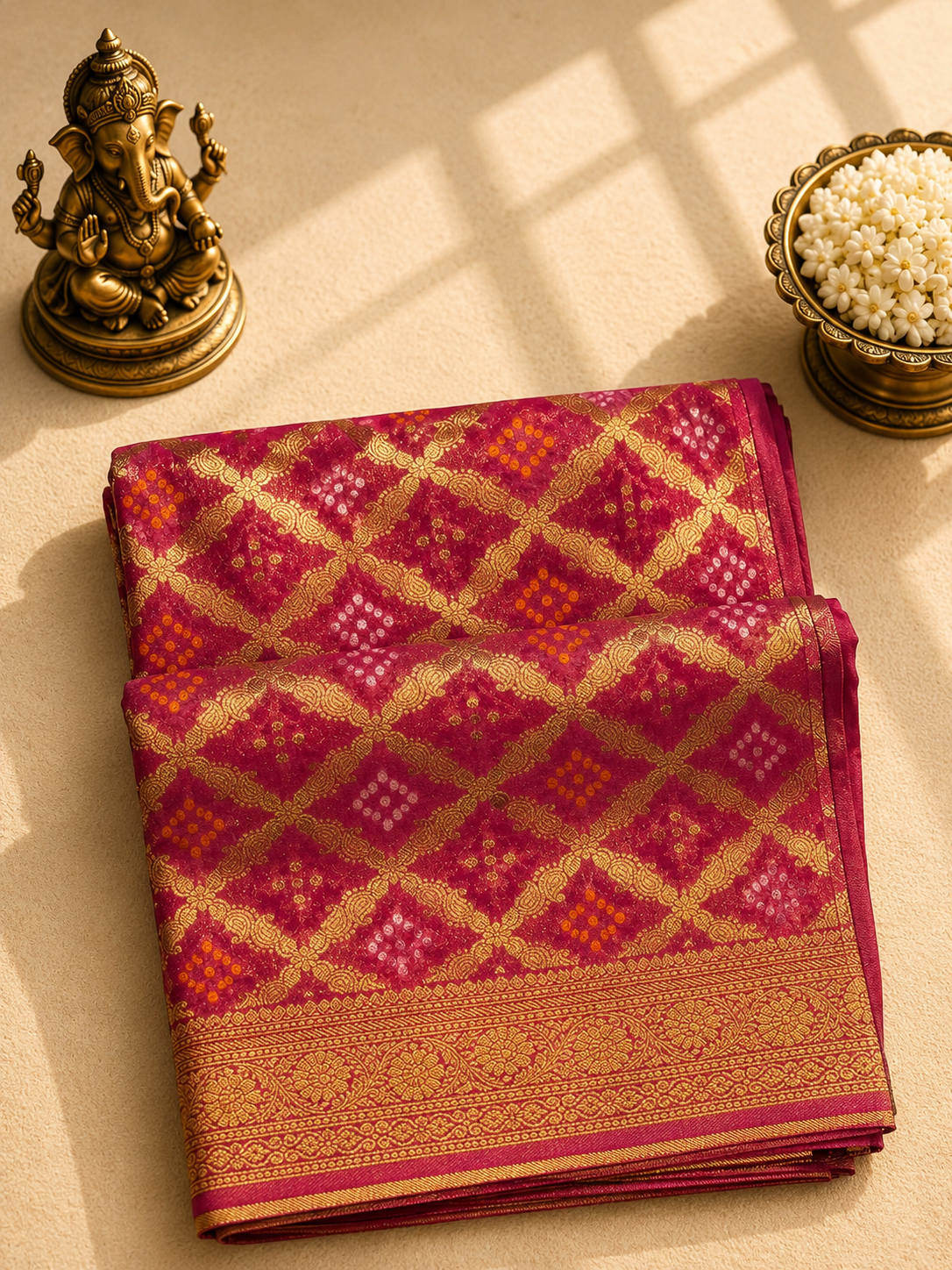 Wine Purple Khaddi Georgette Bandhej Banarasi Saree