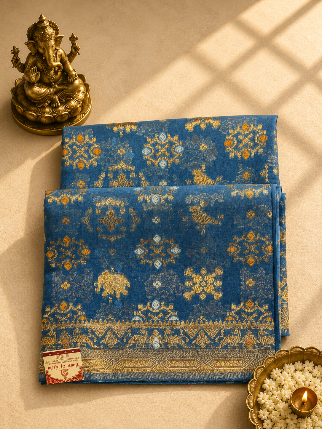 Royal Blue Khaddi Georgette Bandhej Banarasi Saree with Silver Zari Weaving