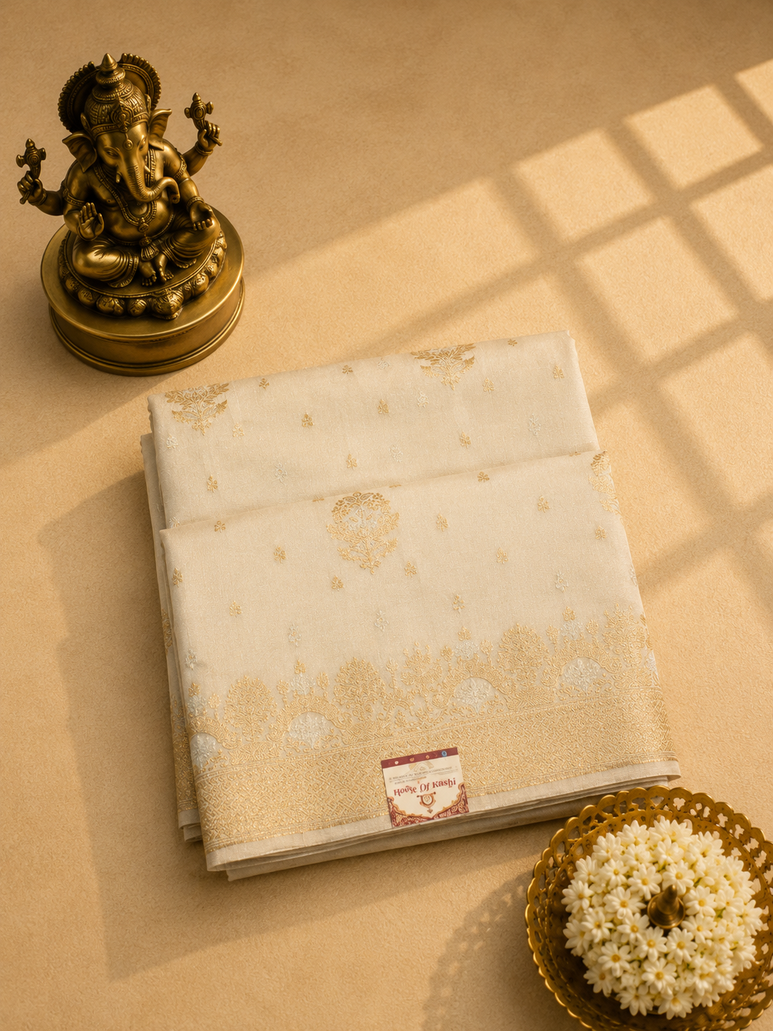 Ivory White Pure Banarasi Silk Saree with Gold Zari Weaving