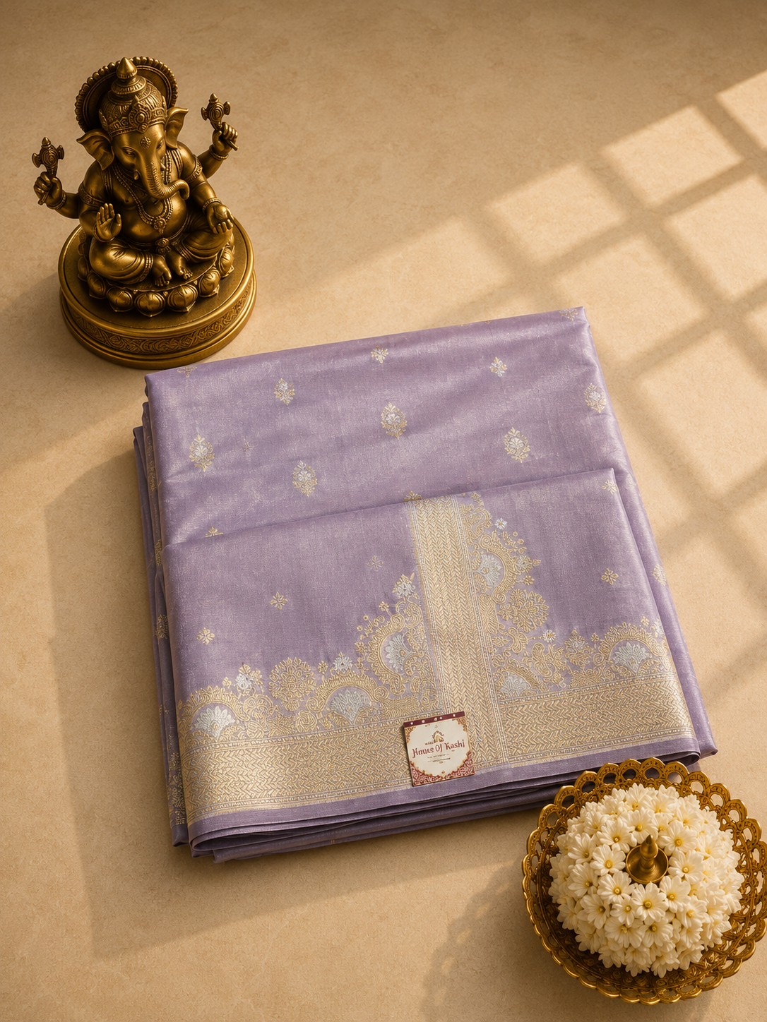 Lavender Mist Banarasi Silk Saree with Gold Zari Border